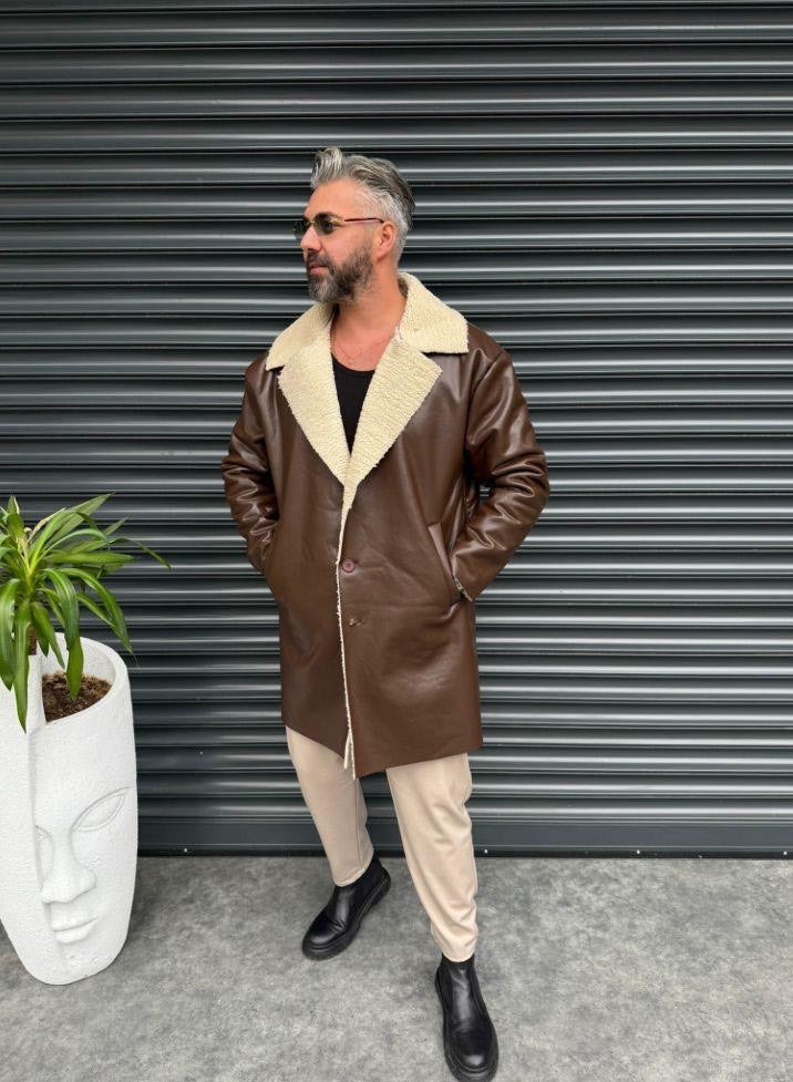 Gri İçi Napa Kürklü Uzun Deri Mont