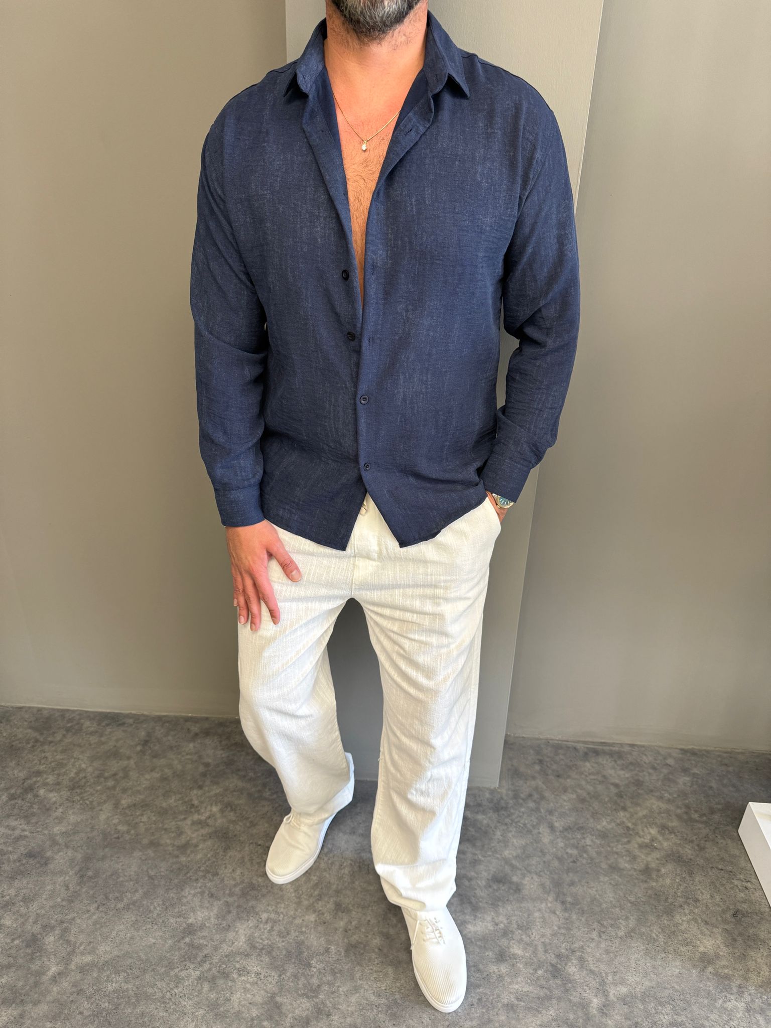 Lacivert Yıkamalı Keten Gömlek