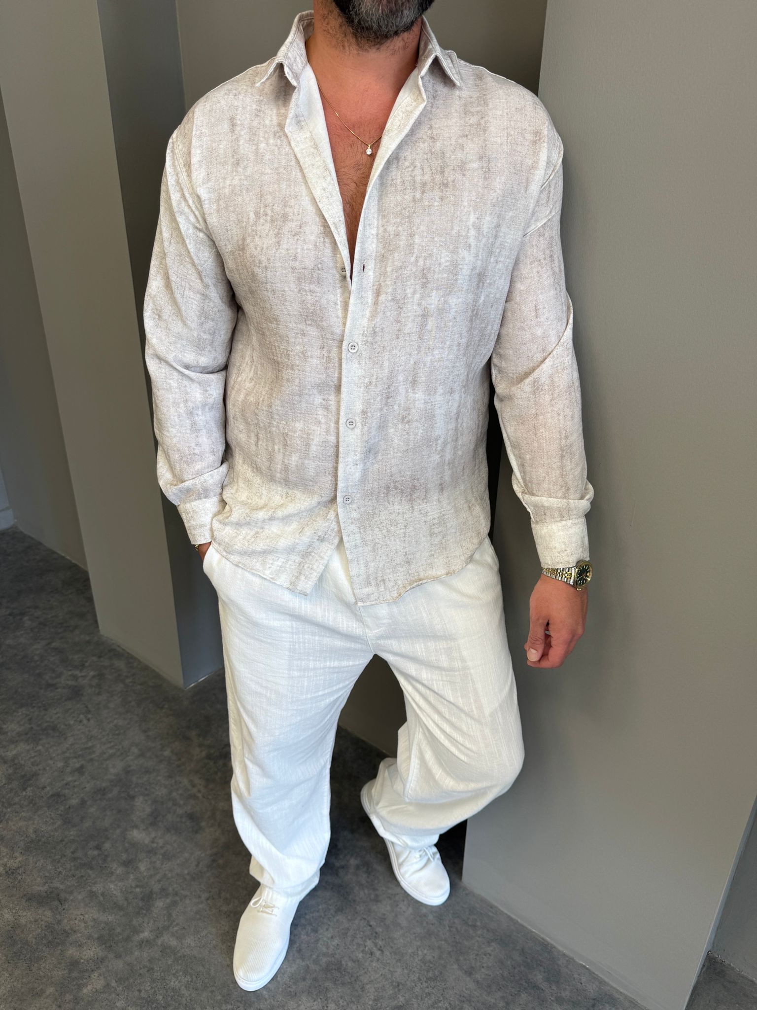 Krem Yıkamalı Keten Gömlek