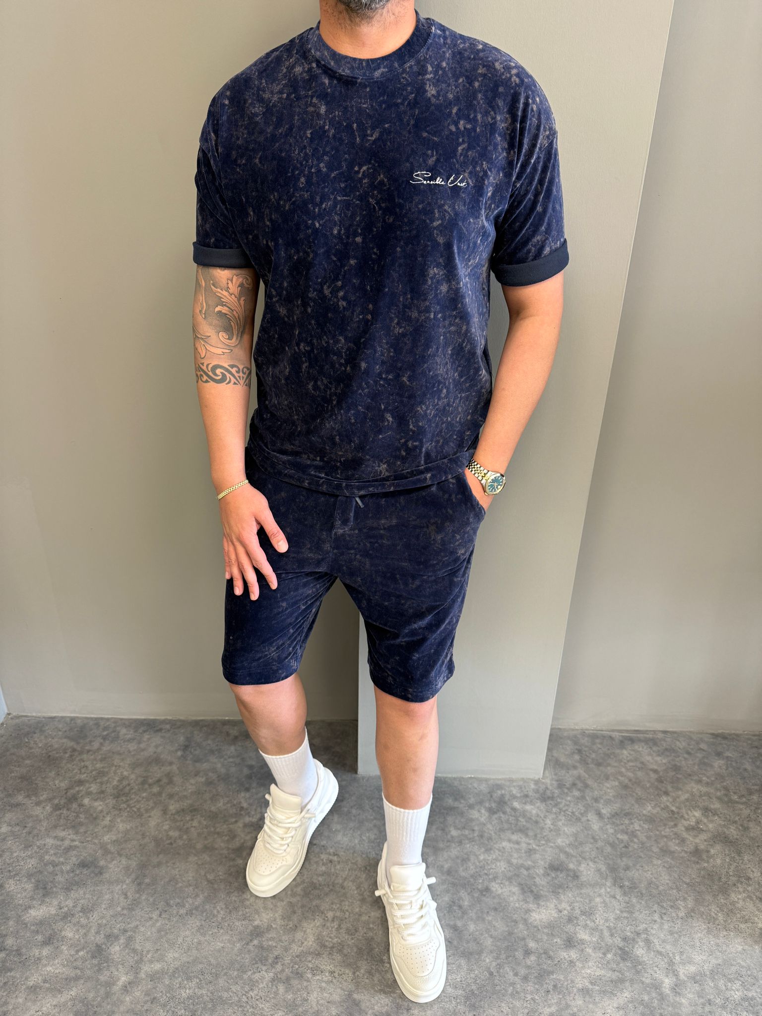 Lacivert Yıkamalı Kadife Şortlu Takım