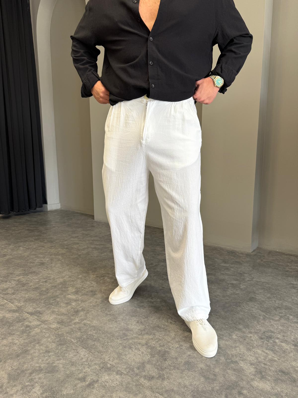 Beyaz Bel Lastik Baggy Keten Pantolon
