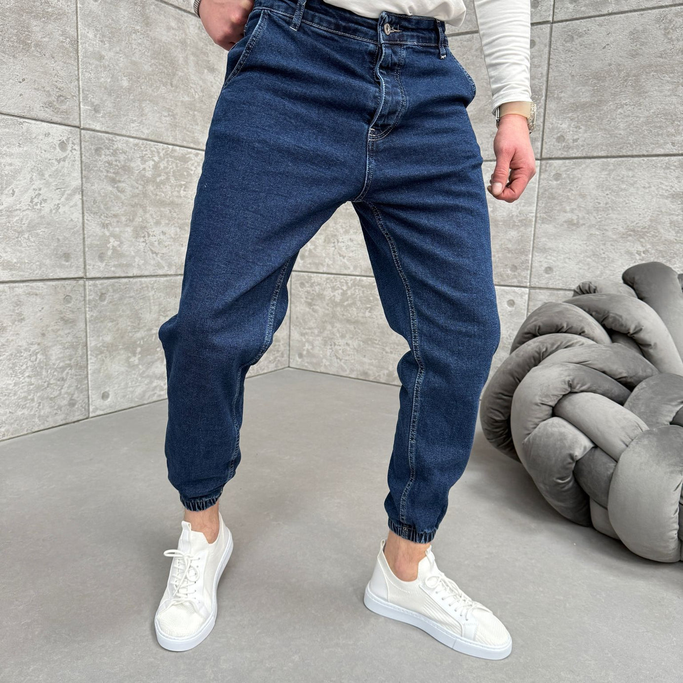 Lacivert Paça Lastikli Kot Pantolon