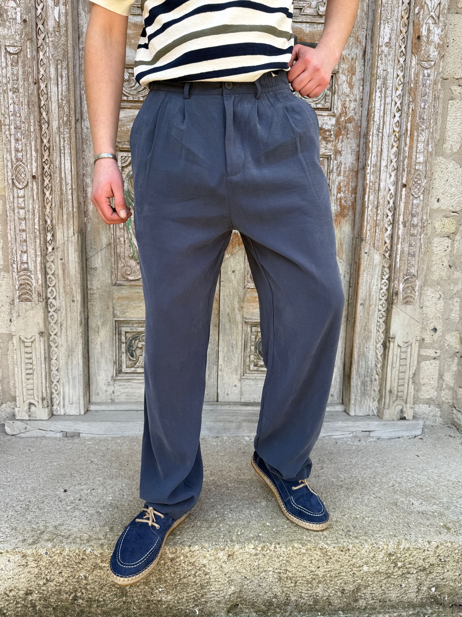 Lacivert Tensel Kumaş Pileli Baggy Pantolon