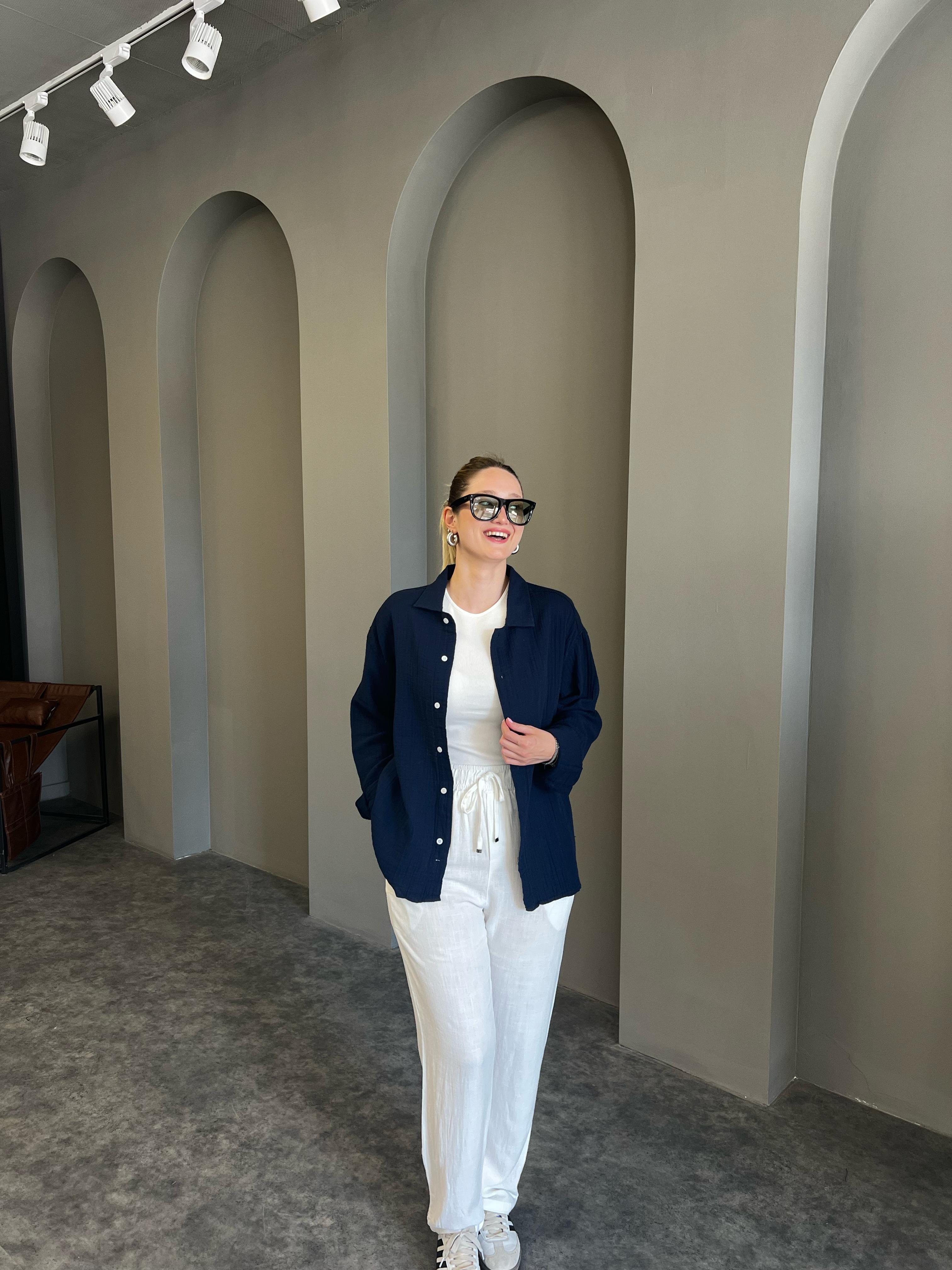 Lacivert Müslin Kumaş Gömlek