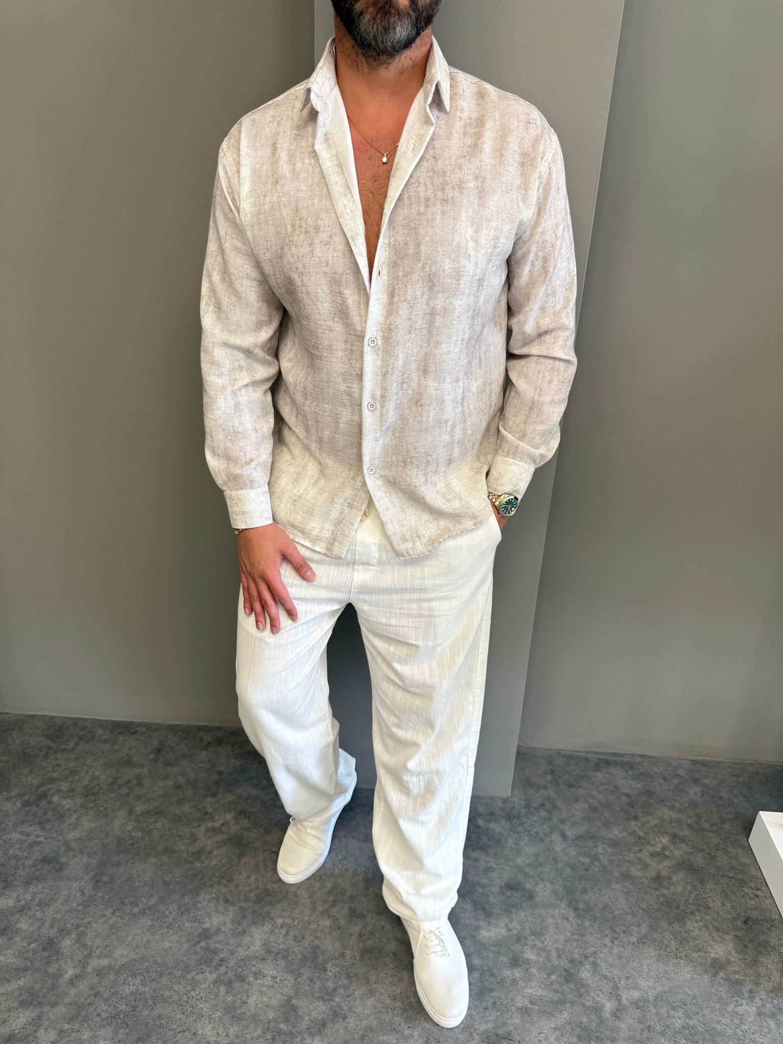 Krem Yıkamalı Keten Gömlek