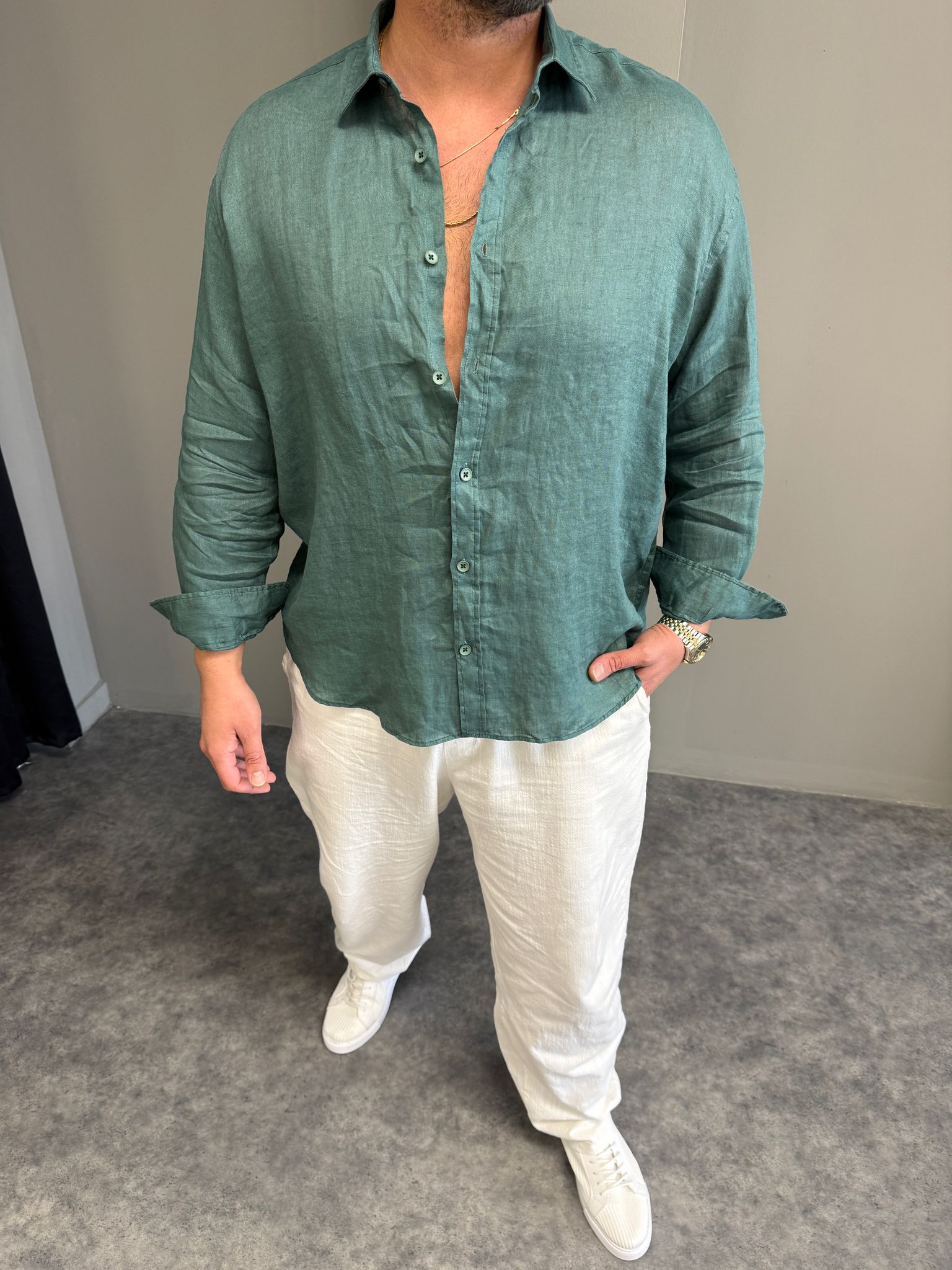 Zümrüt %100 Ham Keten Gömlek