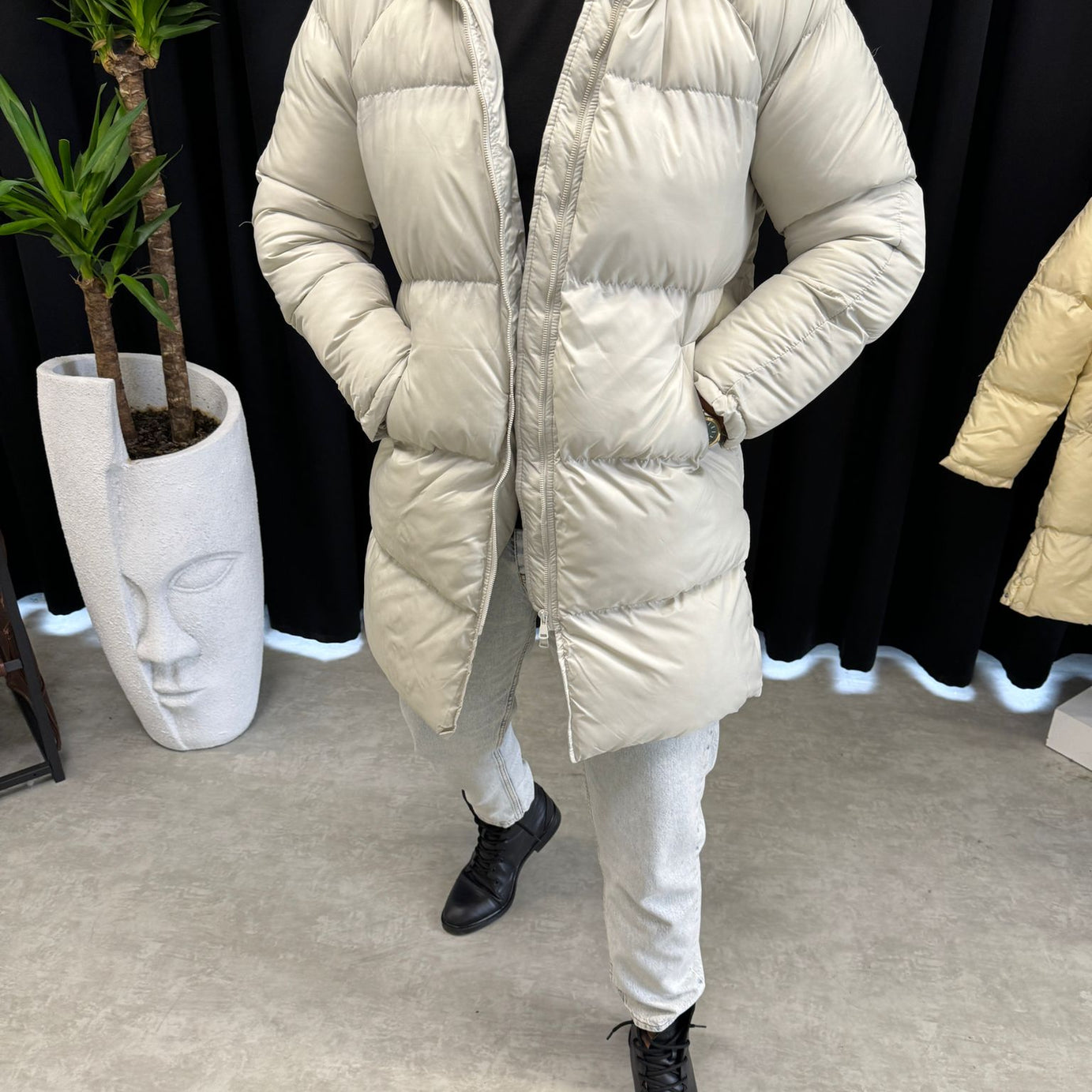 Krem Uzun Şişme Mont