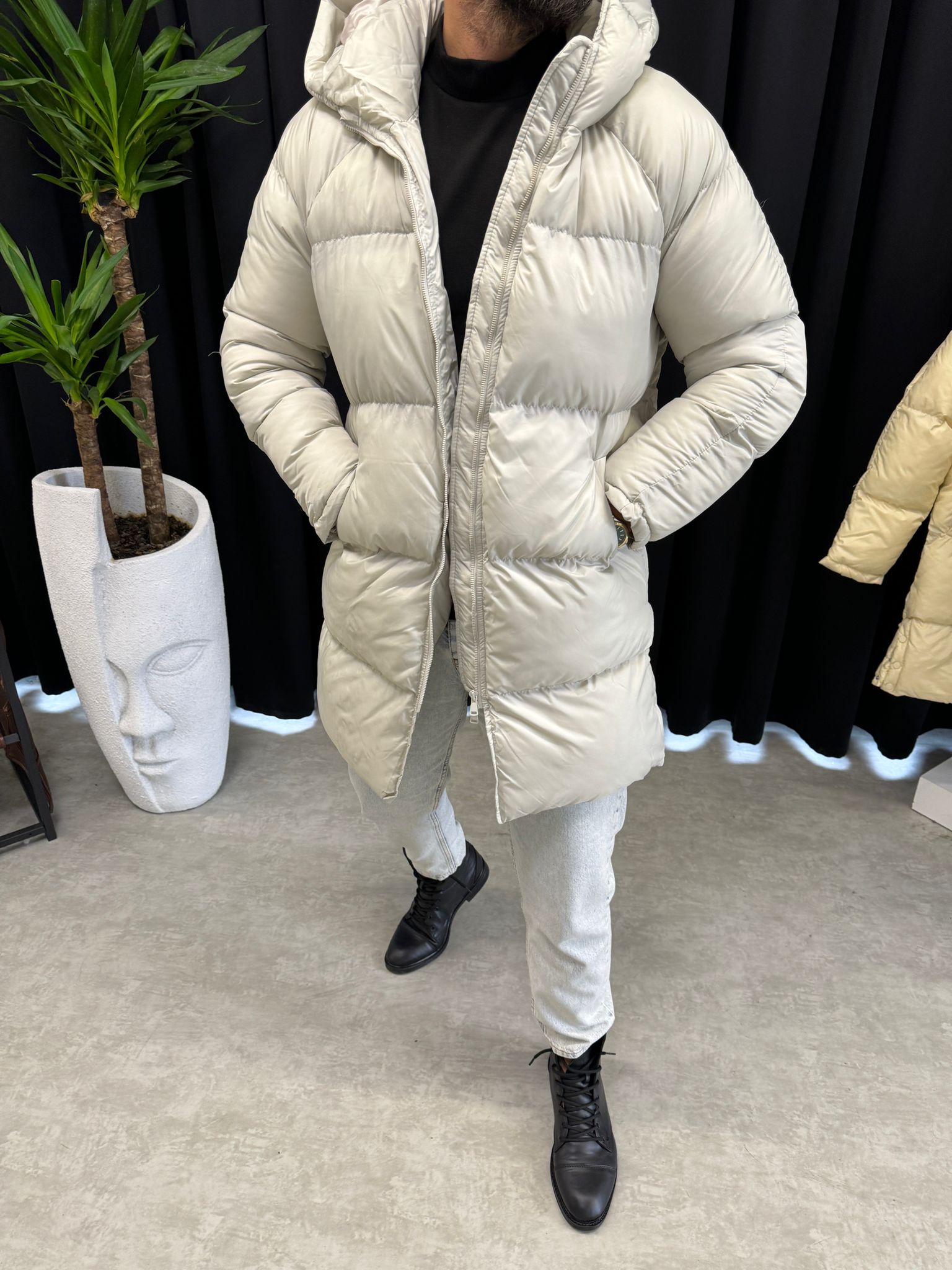 Krem Uzun Şişme Mont