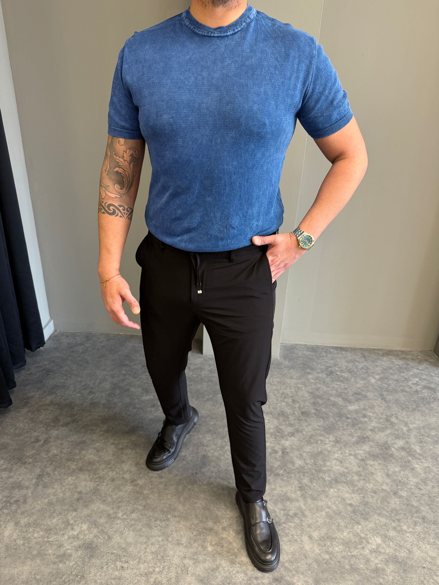 Yıkamalı Mavi T-Shirt