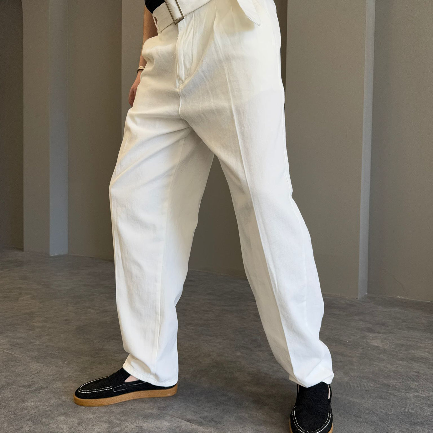 Lacivert Pamuk Keten Kemerli Pantolon