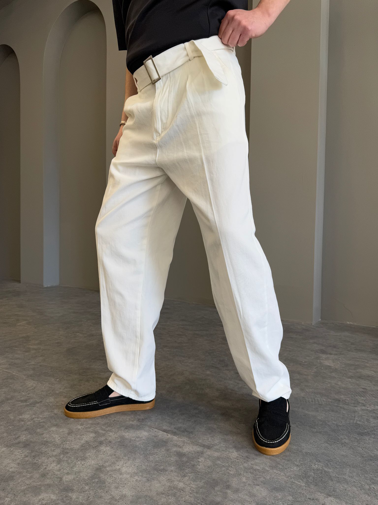 Ekru Pamuk Keten Kemerli Pantolon