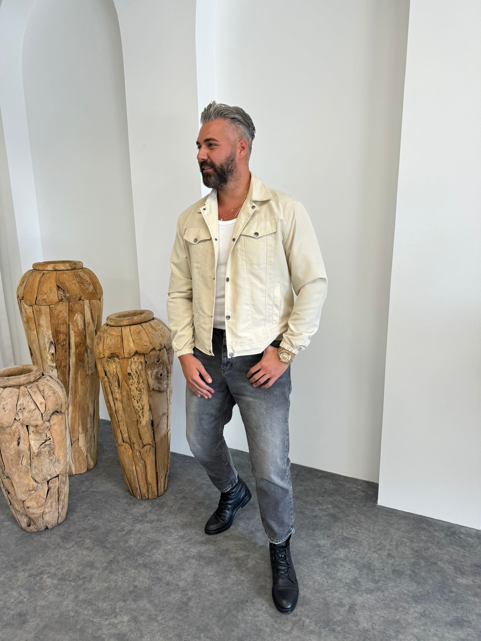 Krem Çift Cepli Mevsimlik Ceket