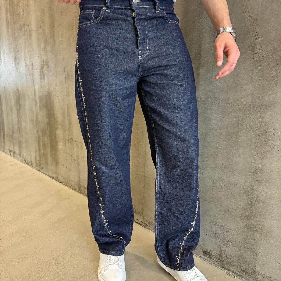 Lacivert Nakışlı Kot Pantolon