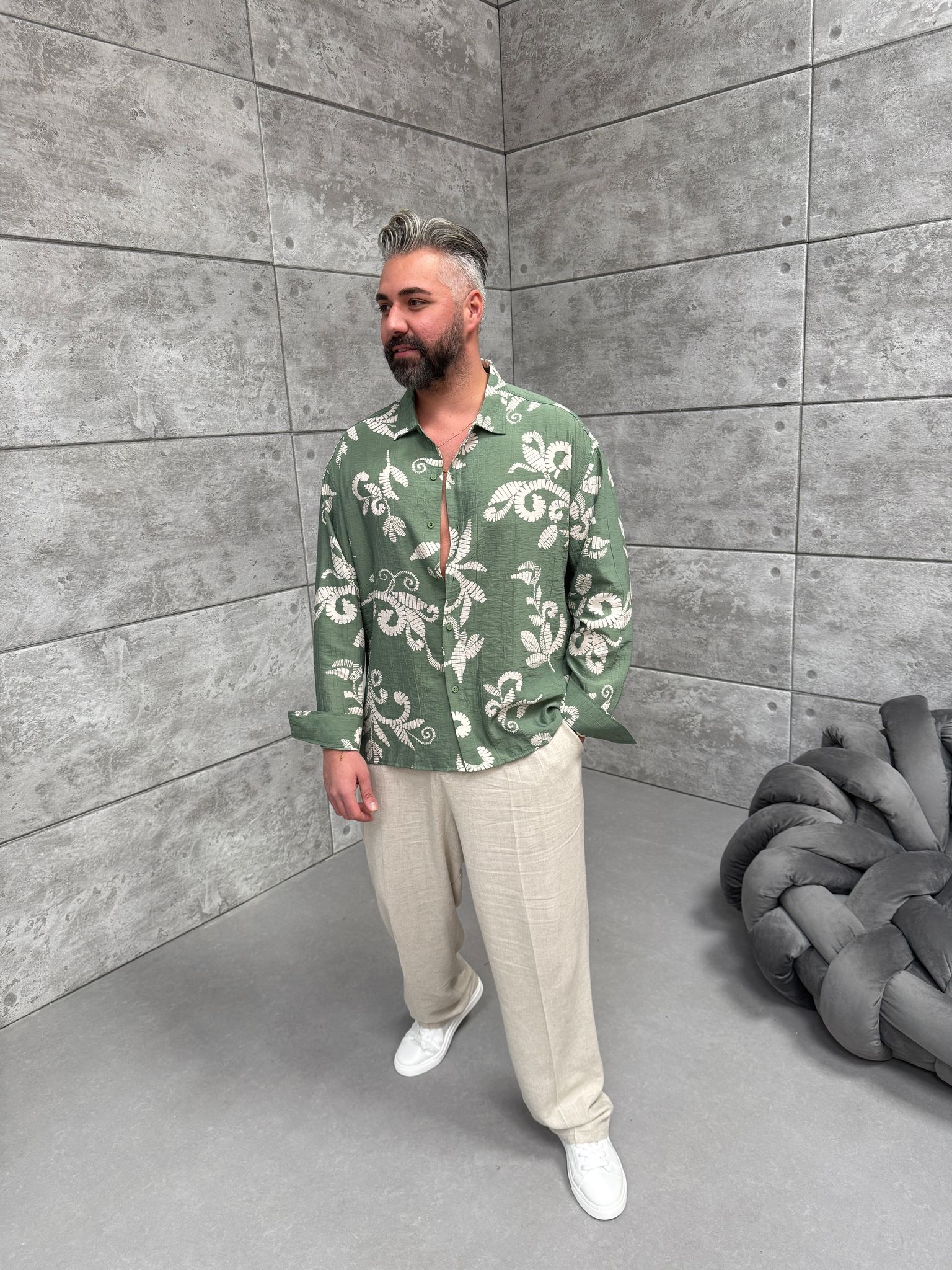 Haki Desenli Keten Gömlek