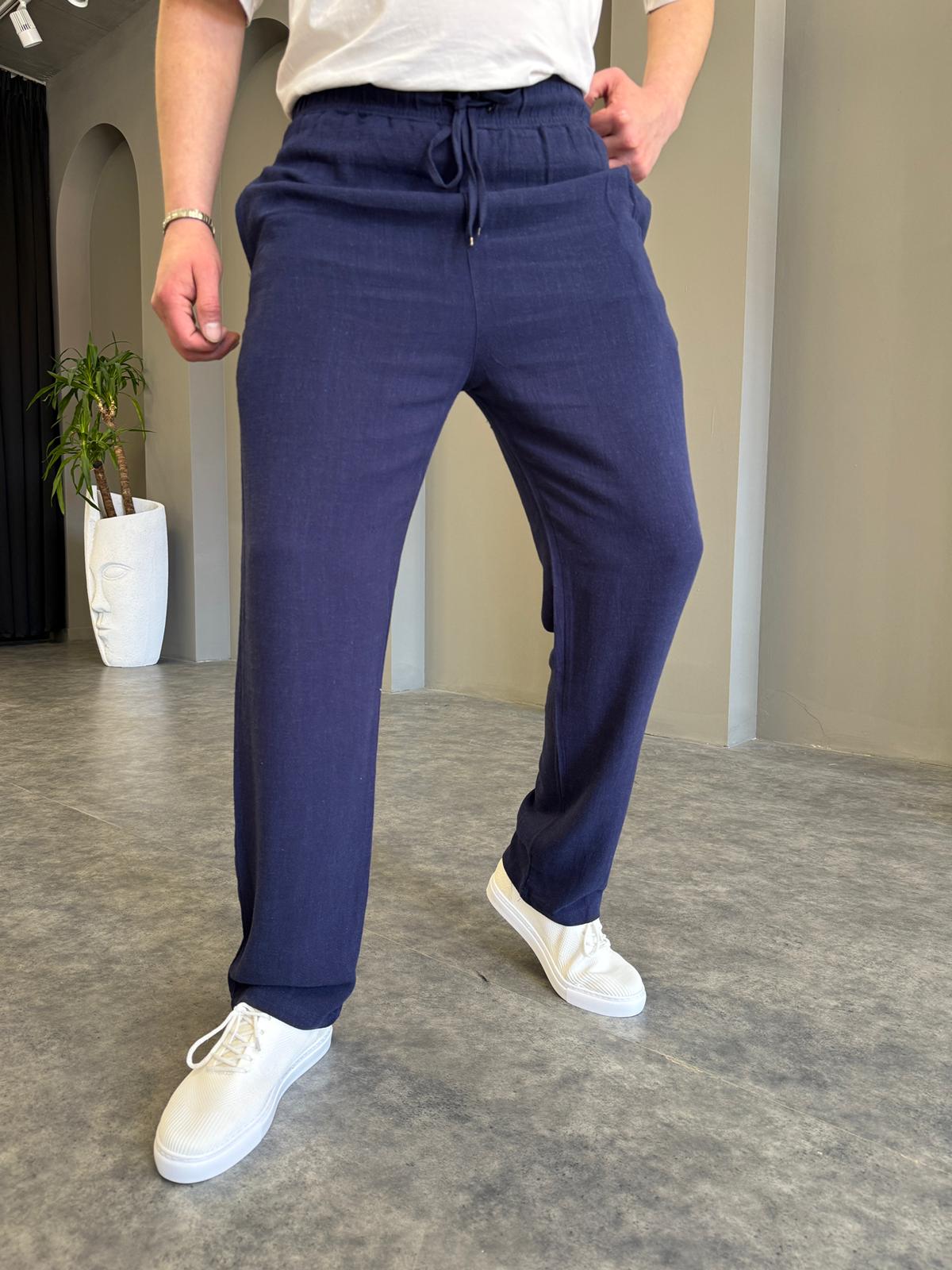 Lacivert Yıkamalı Viskon Keten Pantolon