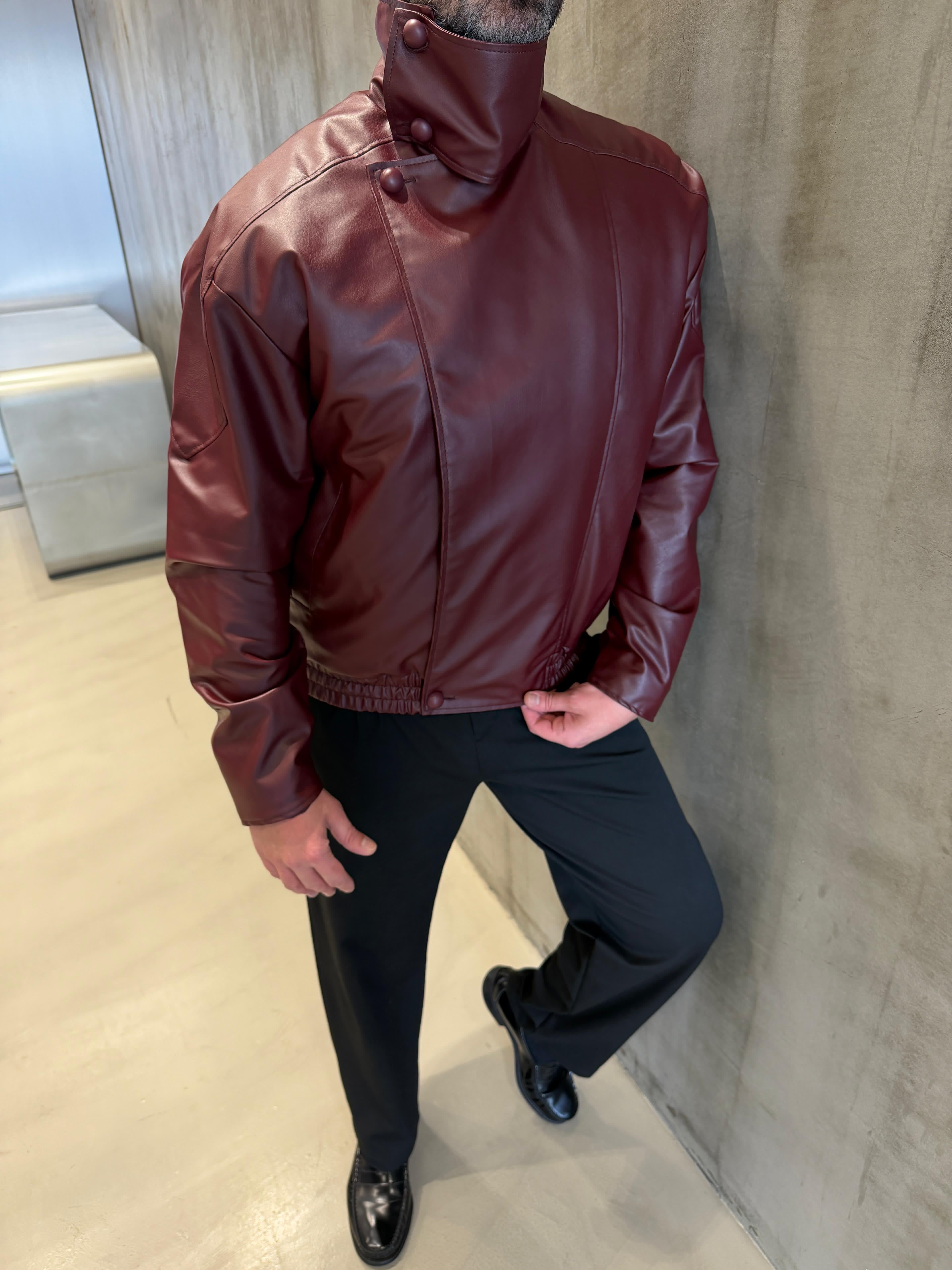 Bordo Tasarım Yaka Detaylı Deri Mont