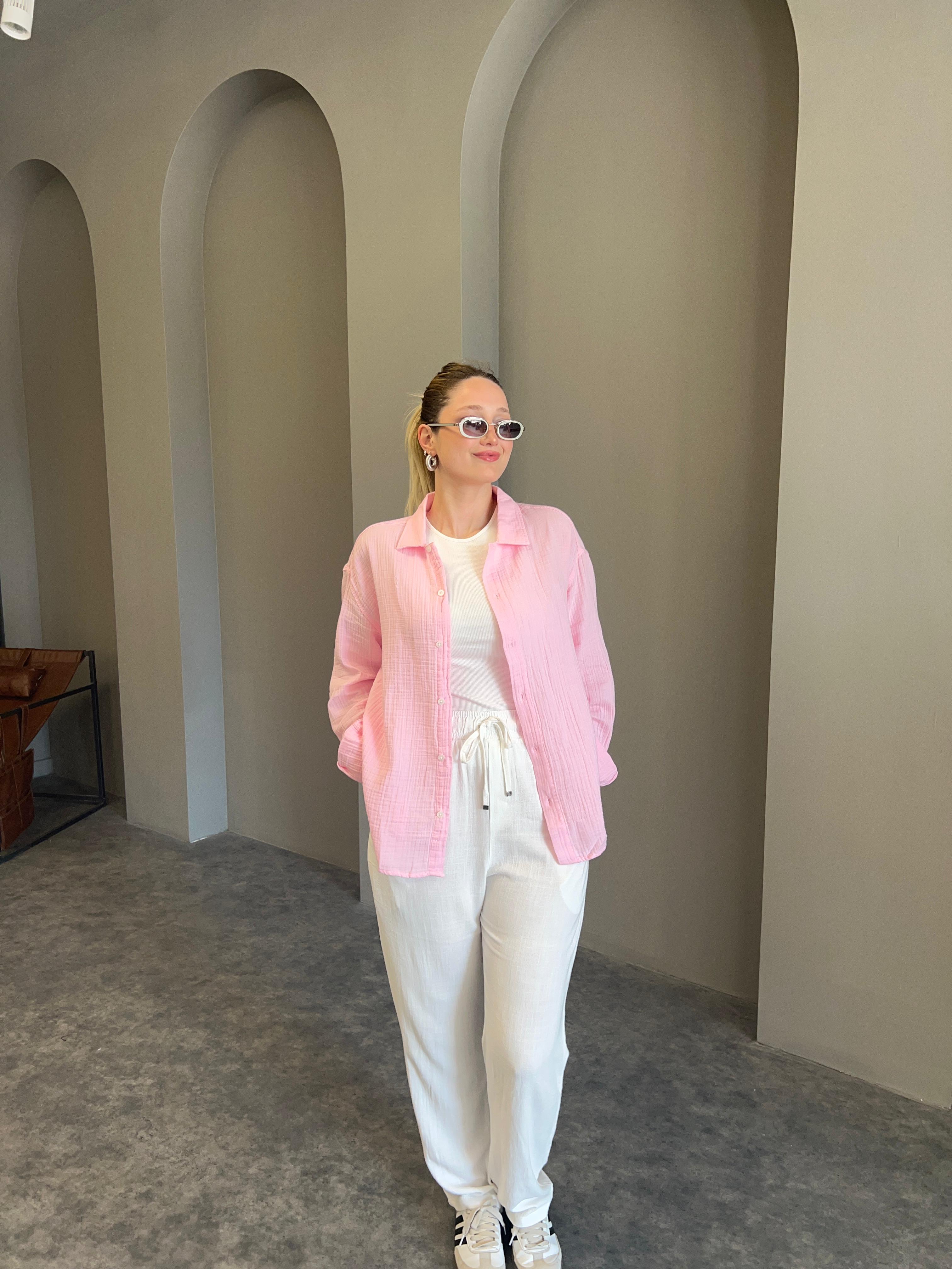 Toz Pembe Müslin Kumaş Gömlek