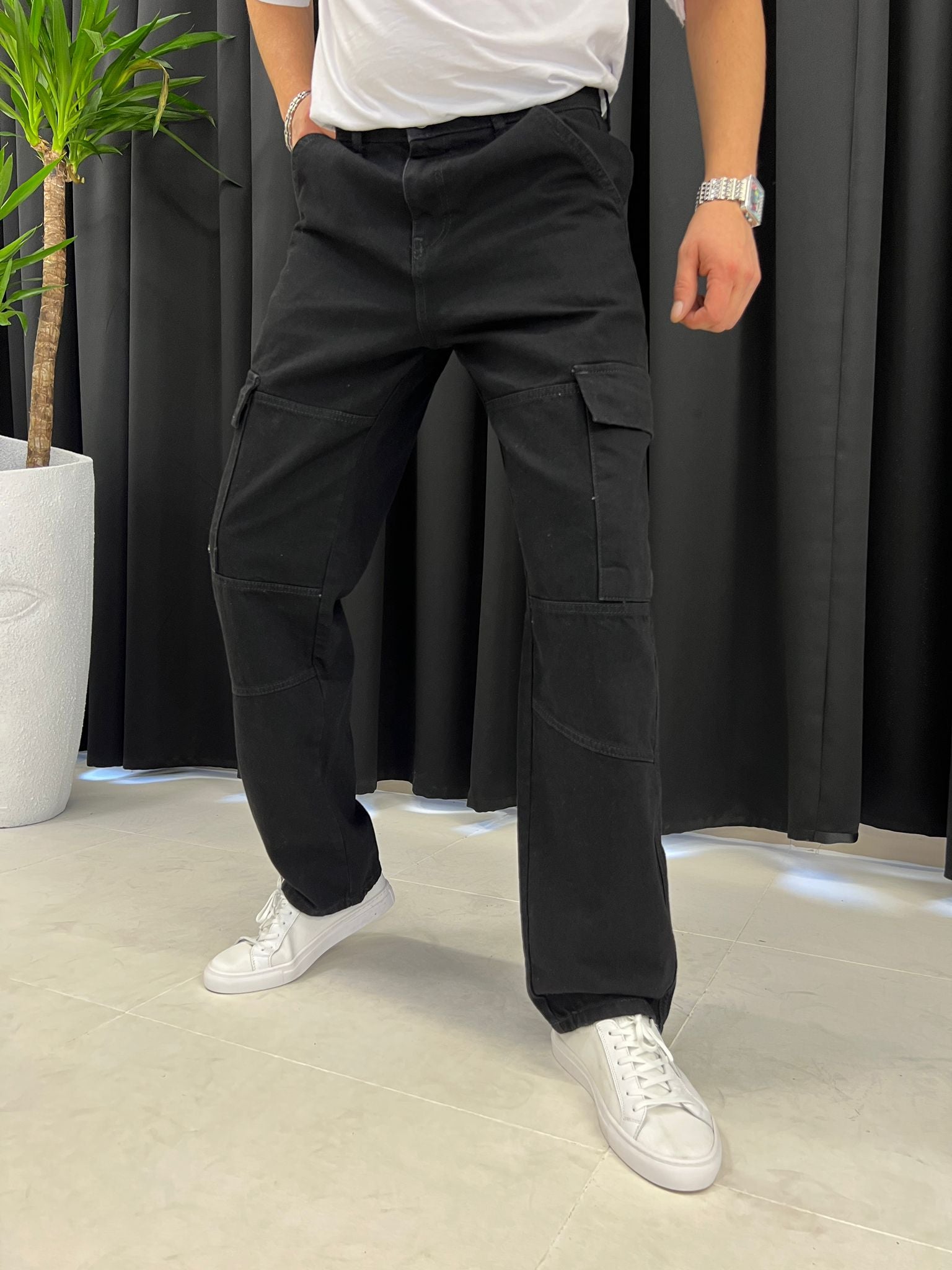Siyah Kargo Cep Baggy Pantolon