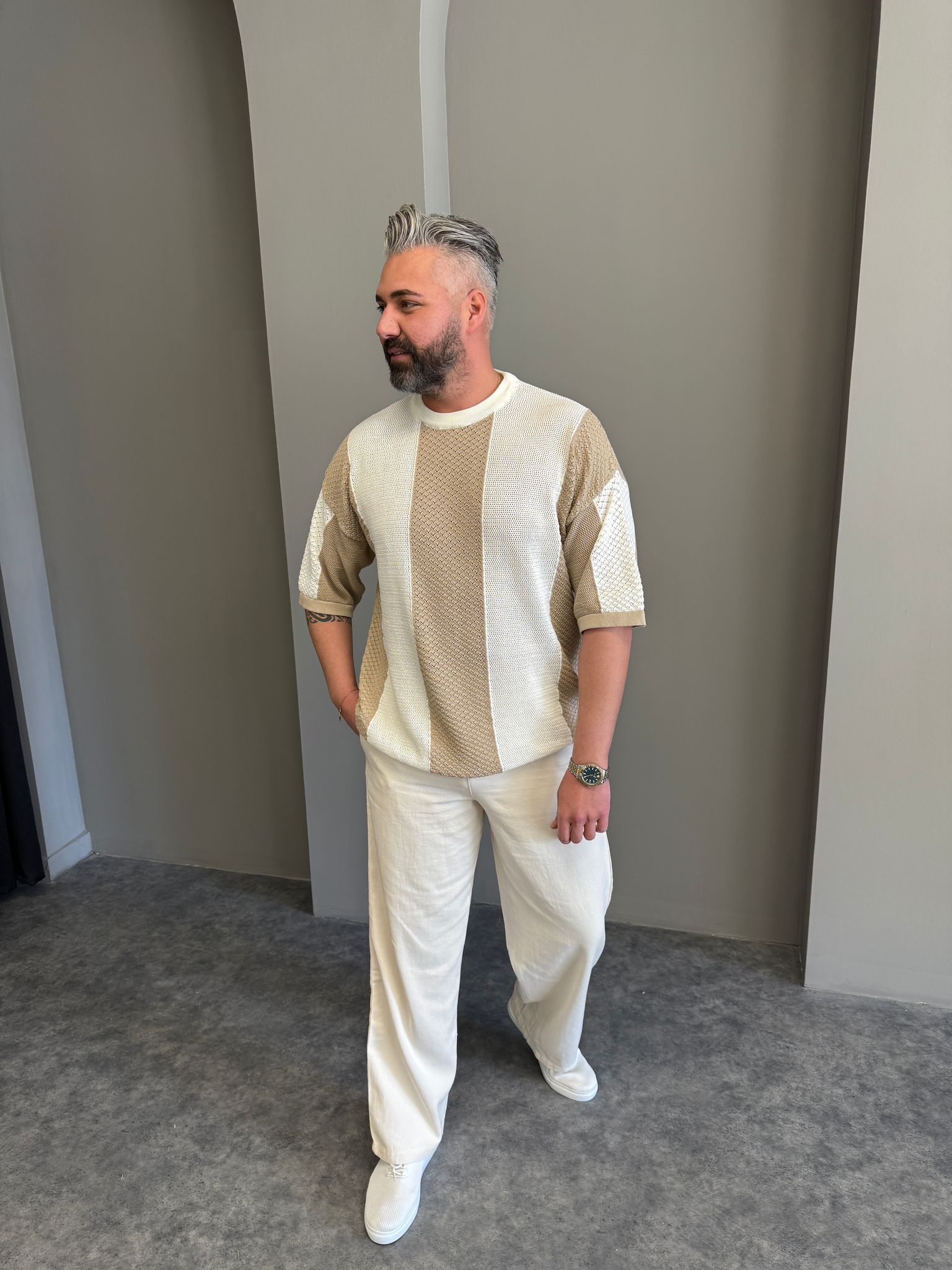 Krem Çelik Örme Triko T-Shirt