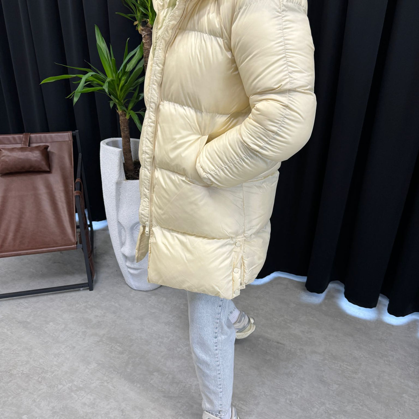 Krem Uzun Şişme Mont