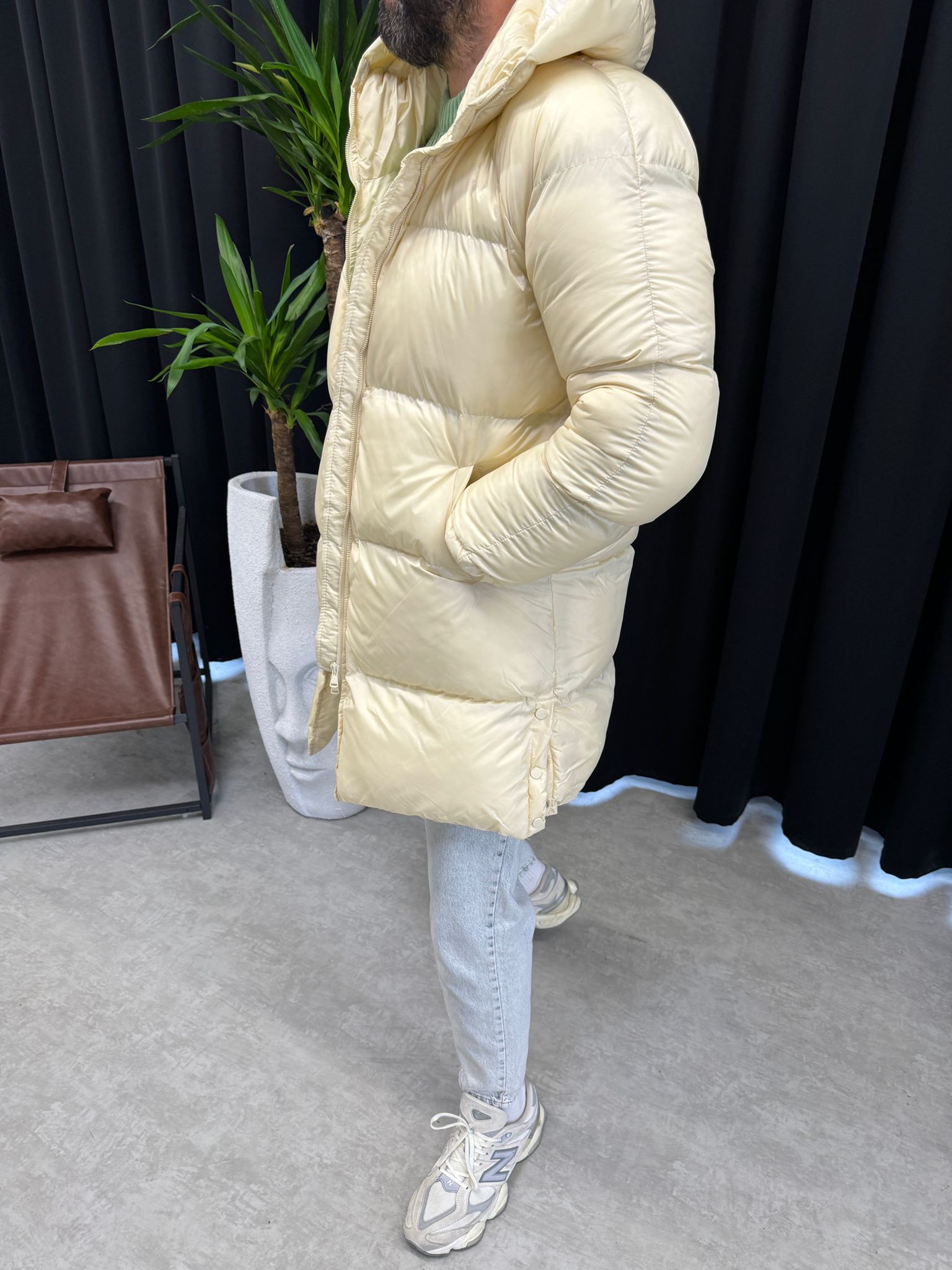 Krem Uzun Şişme Mont