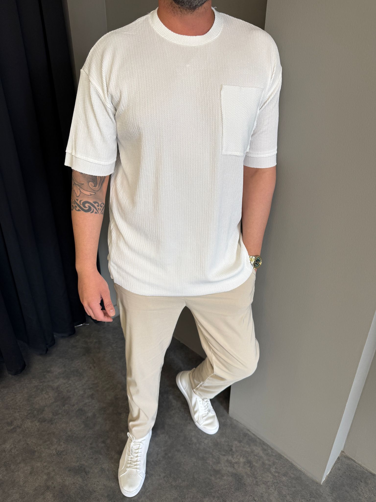 Beyaz Waffle Kumaş T-Shirt