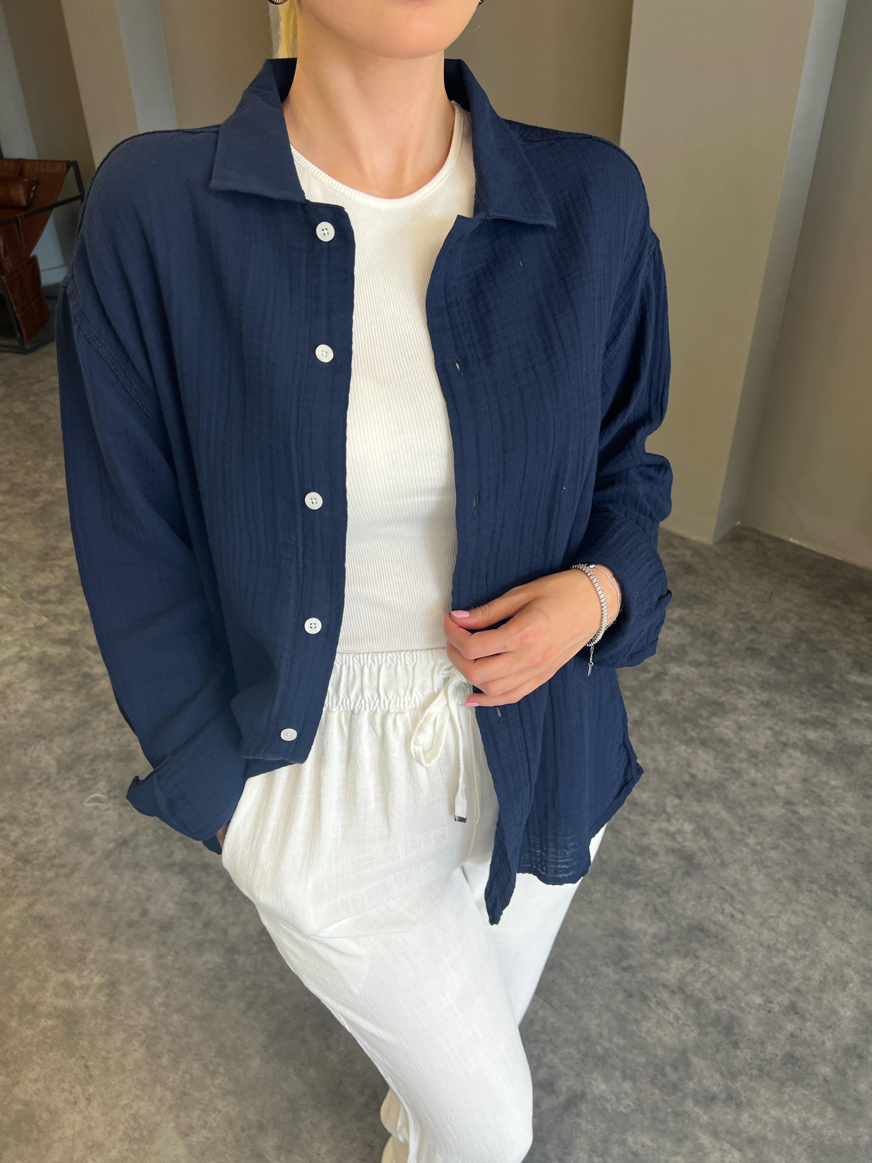 Lacivert Müslin Kumaş Gömlek