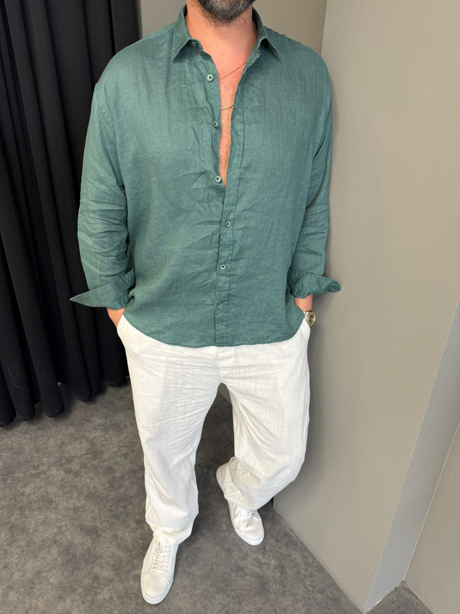 Zümrüt %100 Ham Keten Gömlek