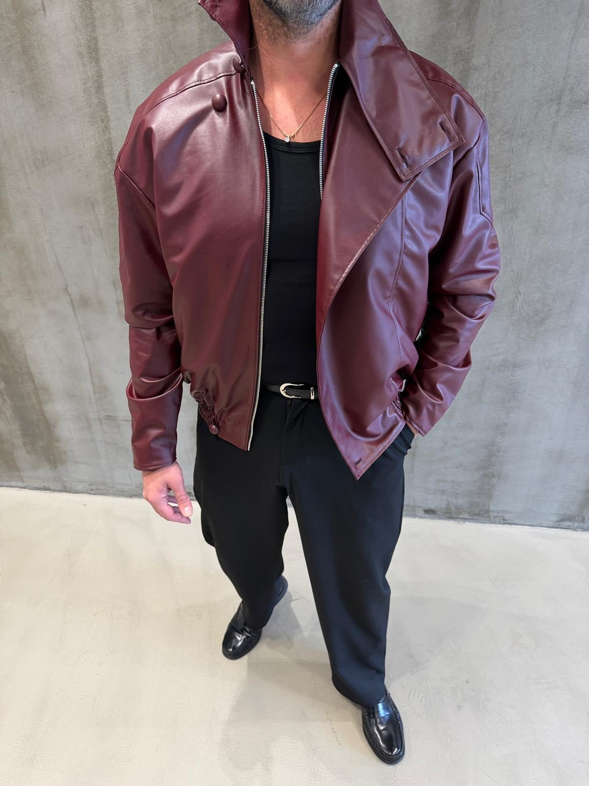 Bordo Tasarım Yaka Detaylı Deri Mont