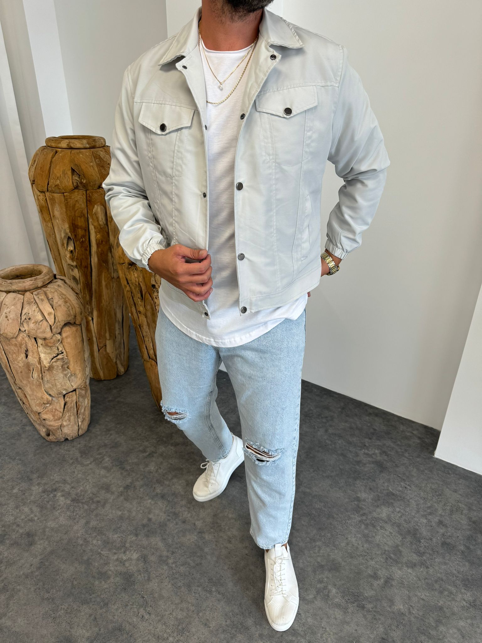 Gri Çift Cepli Mevsimlik Ceket