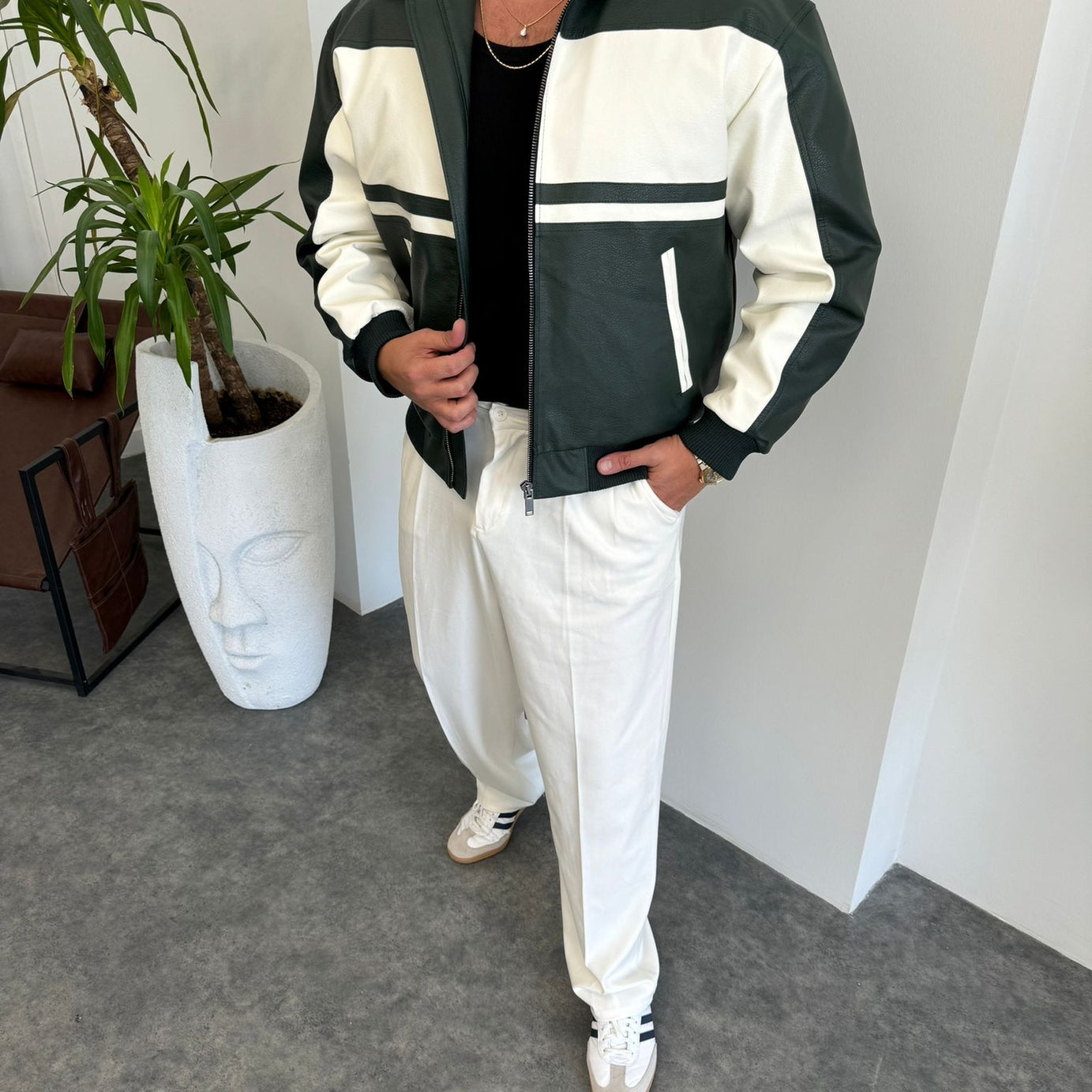 Yeşil Çift Renk Deri Ceket