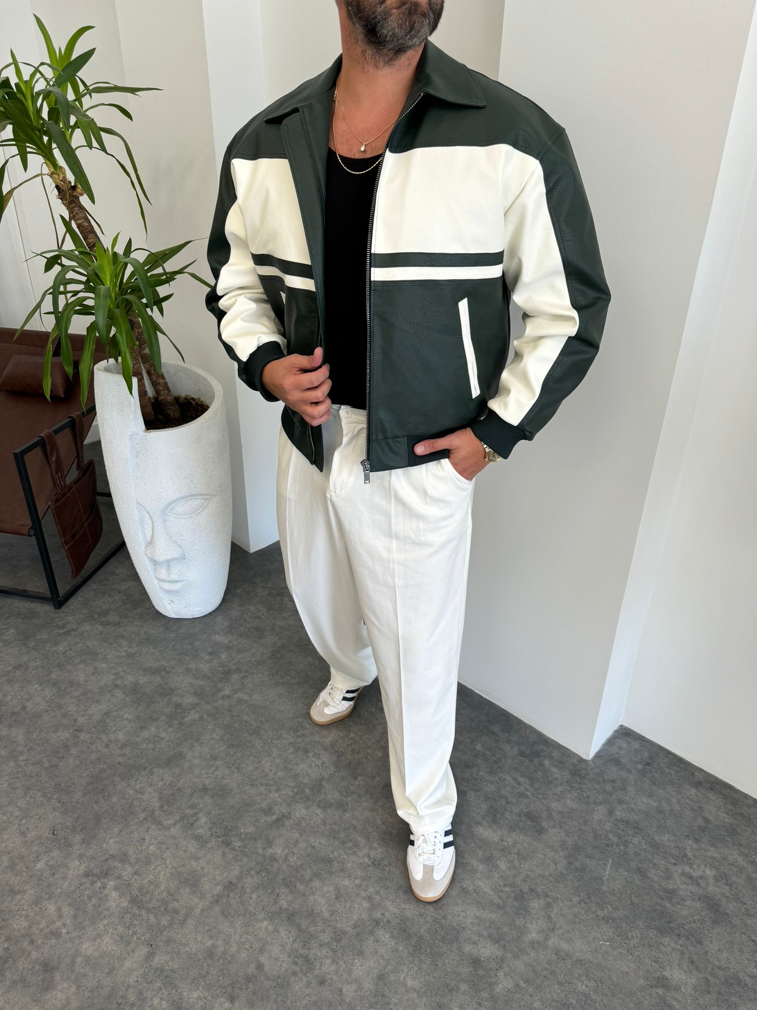 Yeşil Çift Renk Deri Ceket