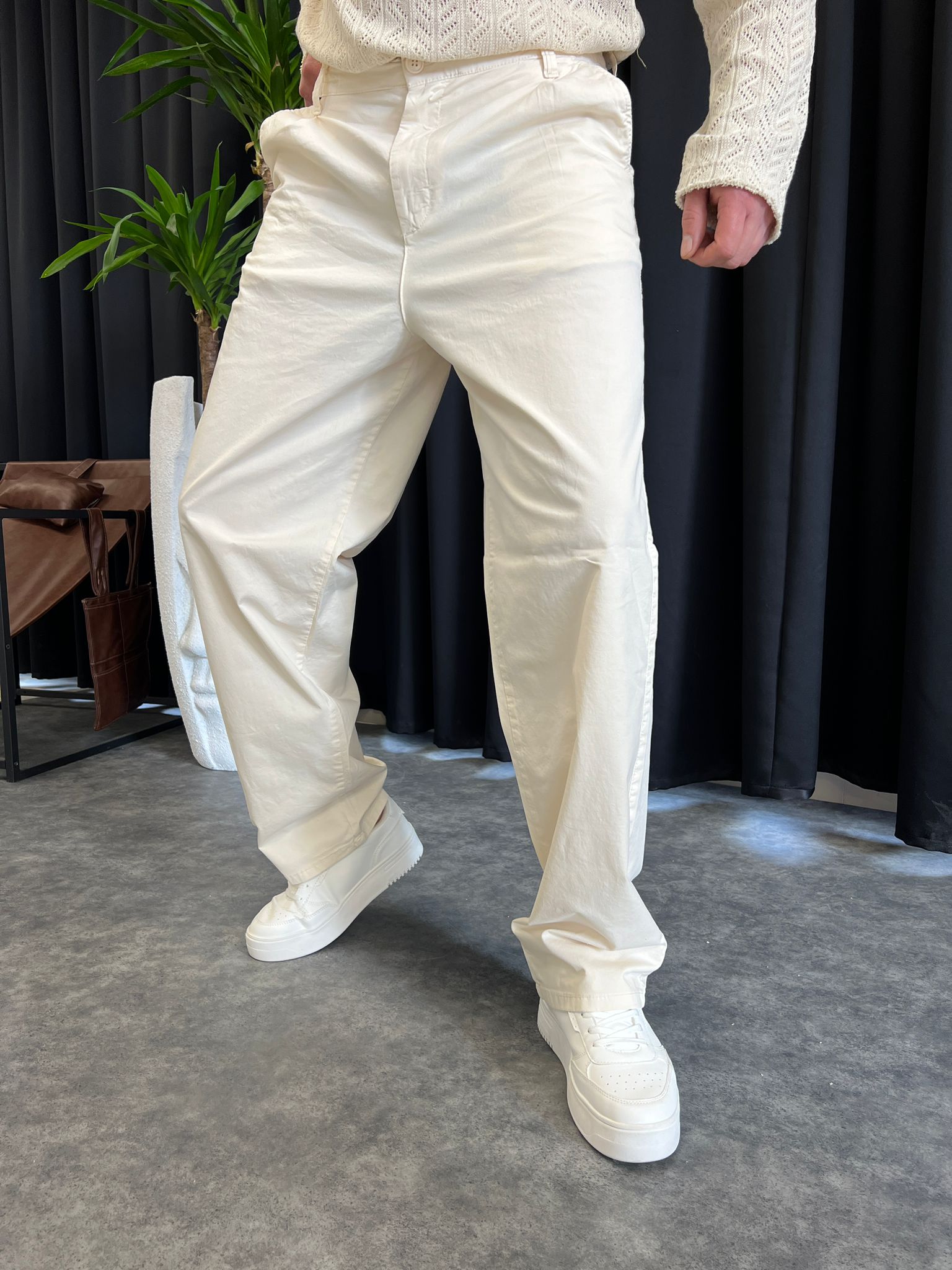 Beyaz Baggy Kot Pantolon