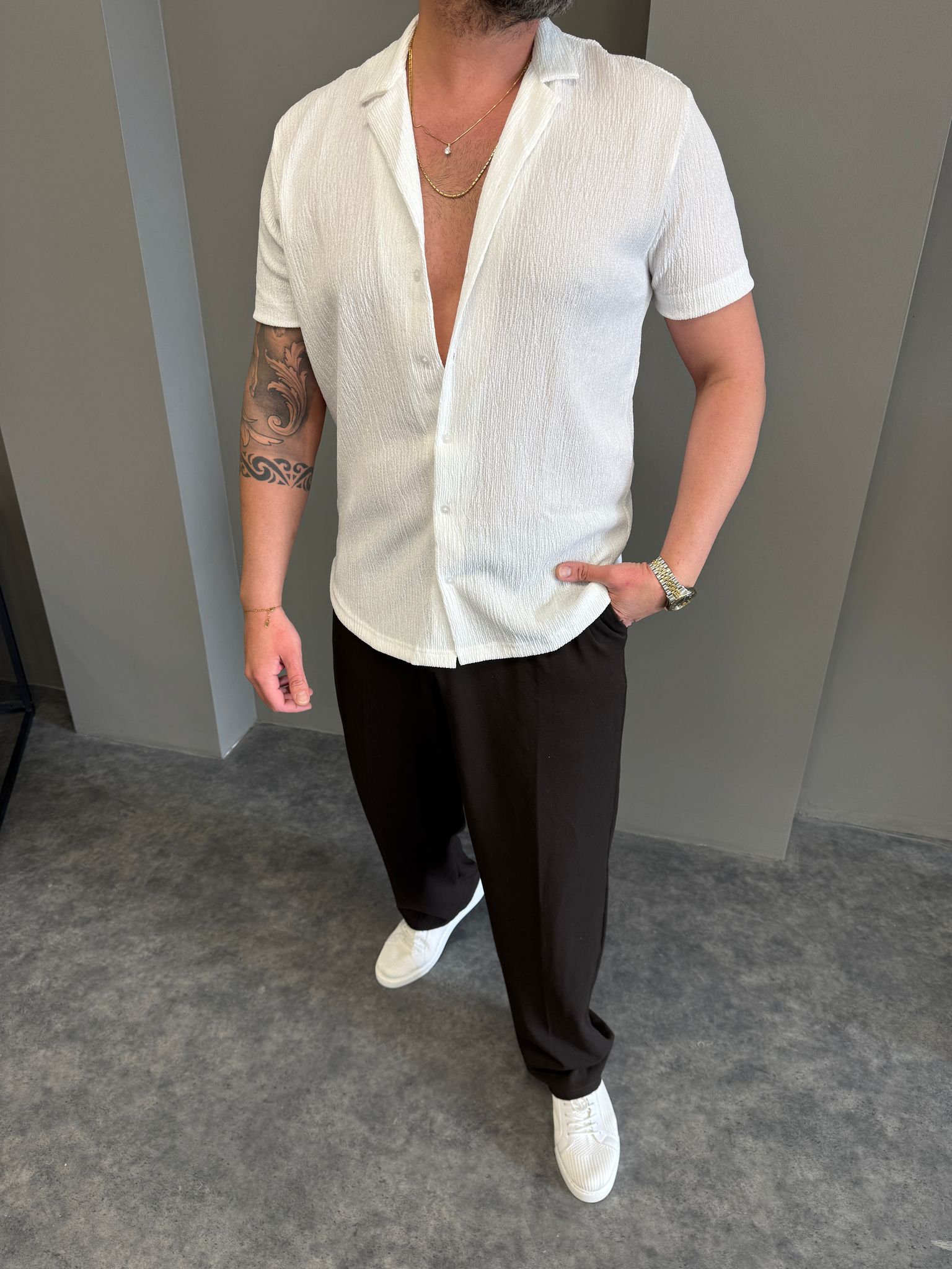 Beyaz Kırinkıl Kısa Kollu Gömlek