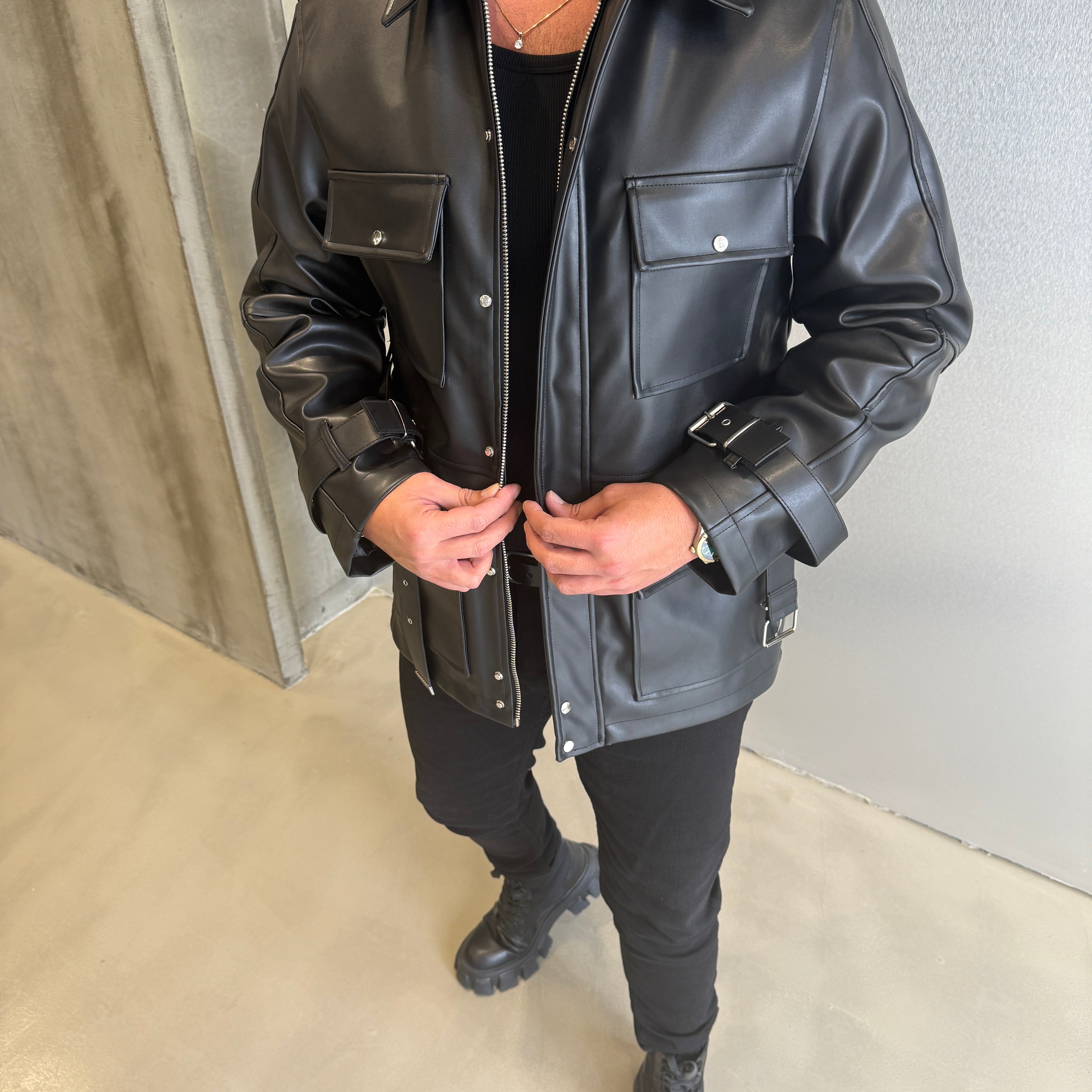 Siyah Premium Deri Trenç