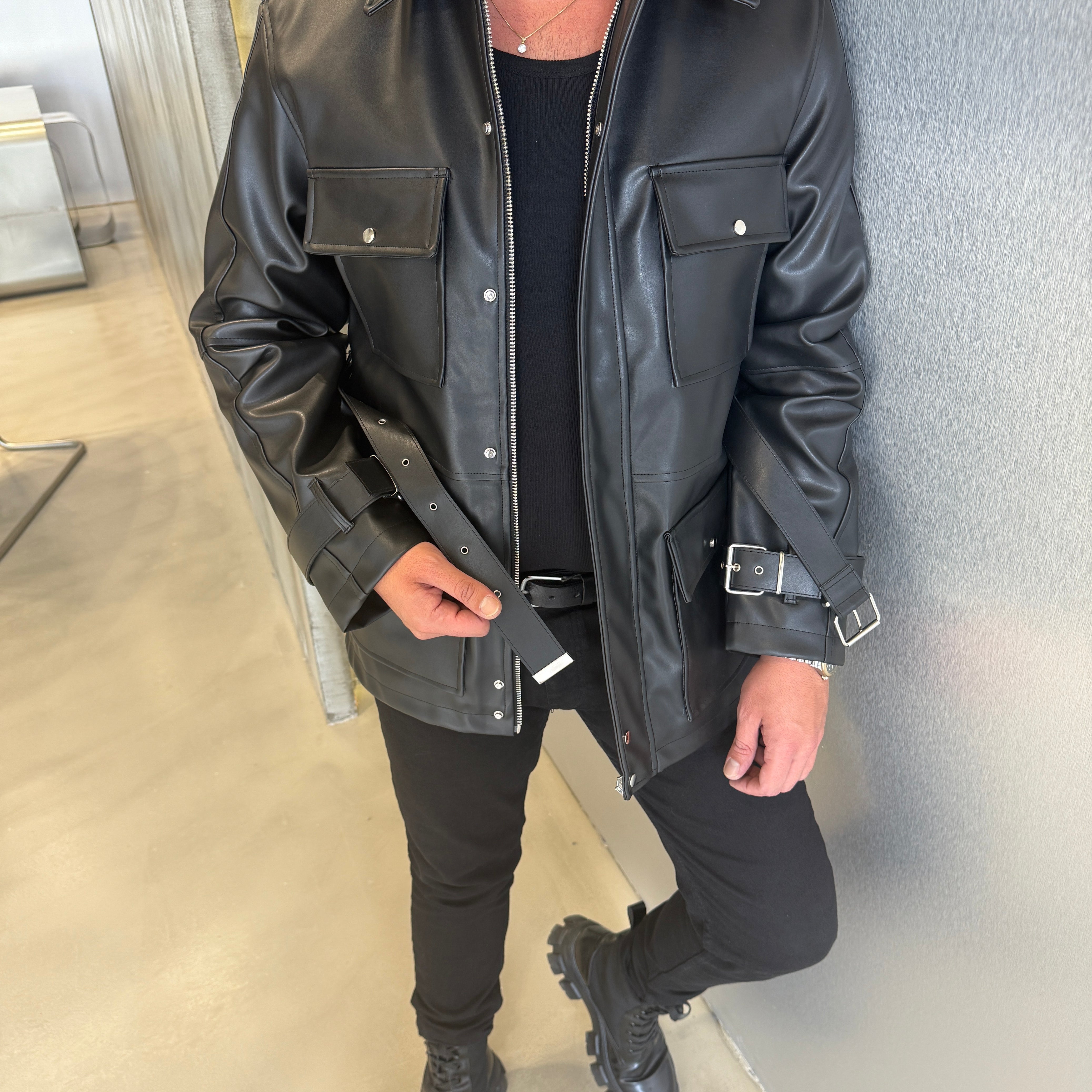 Siyah Premium Deri Trenç