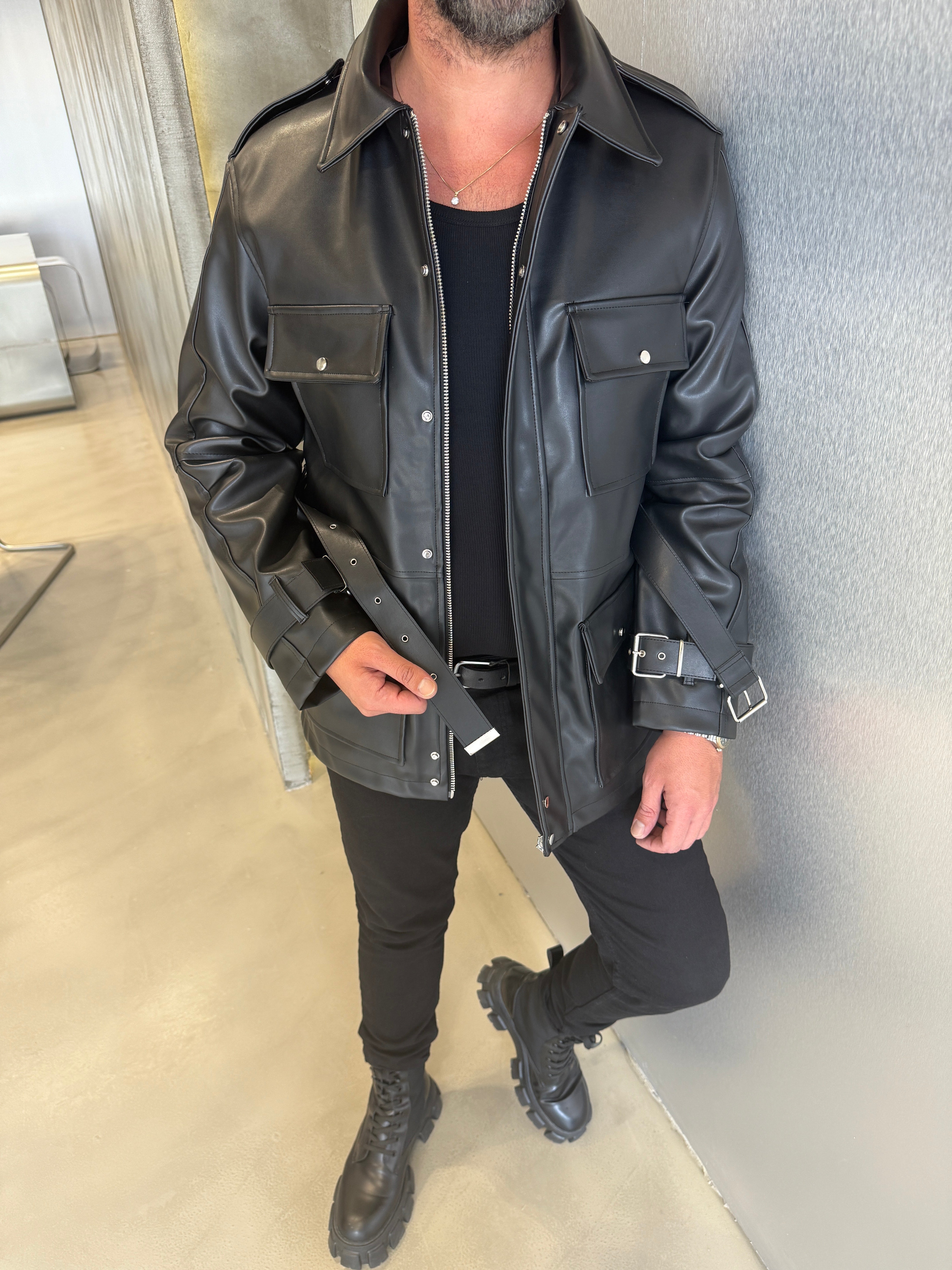 Siyah Premium Deri Trenç