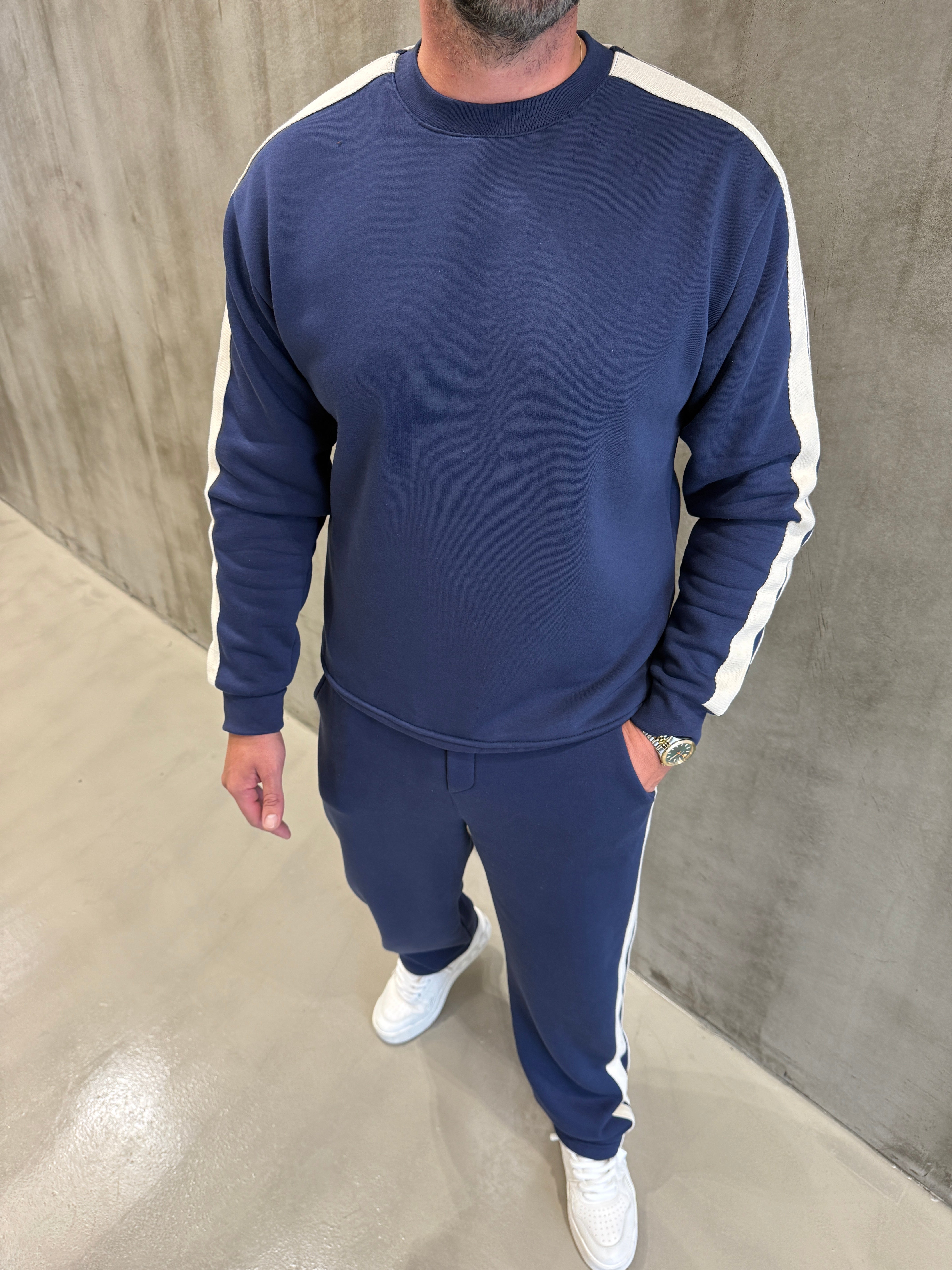 Lacivert Hasır Şeritli 3 İplik Şardonlu Takım