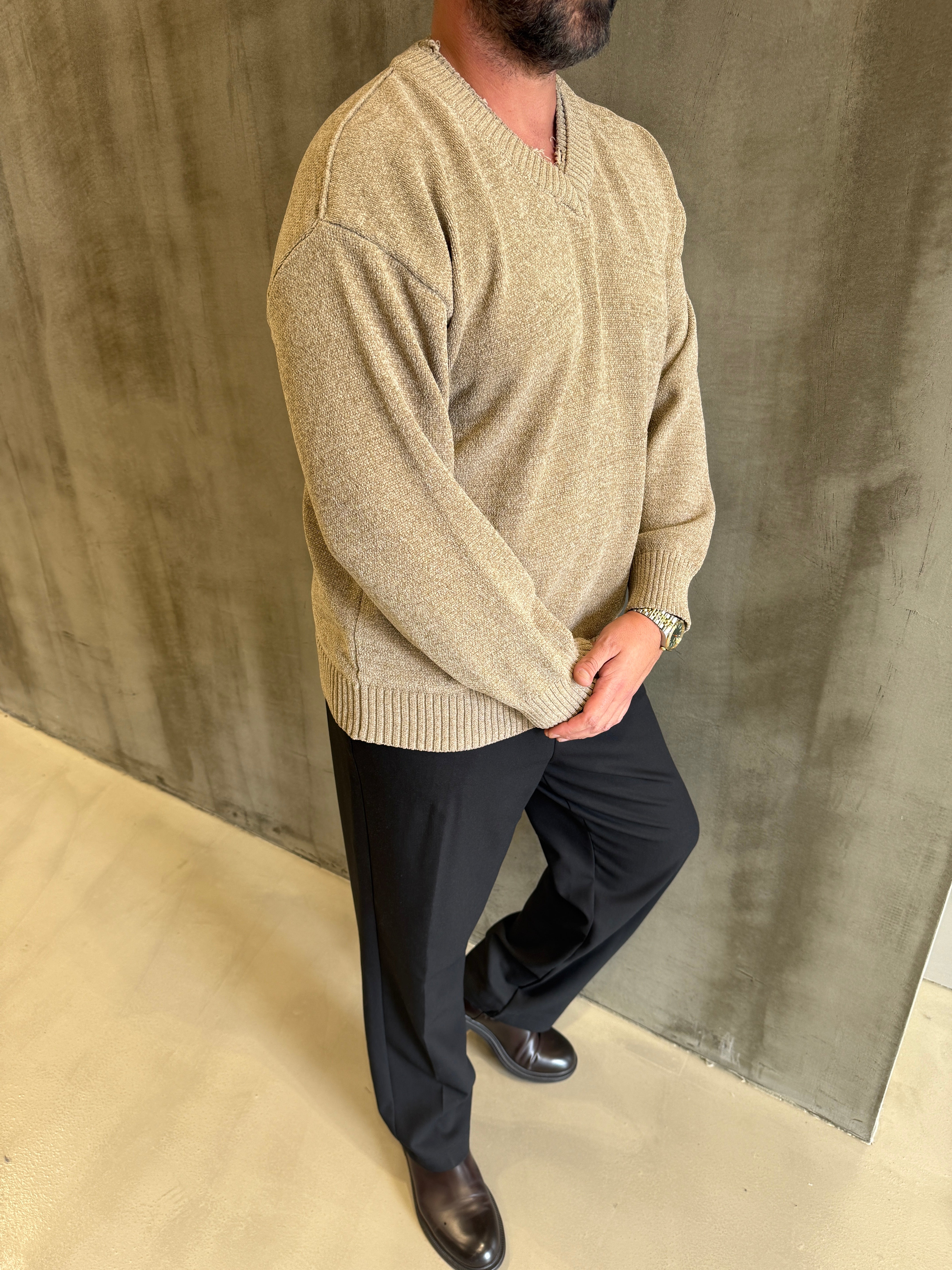 Haki Çift V Yaka Sweat