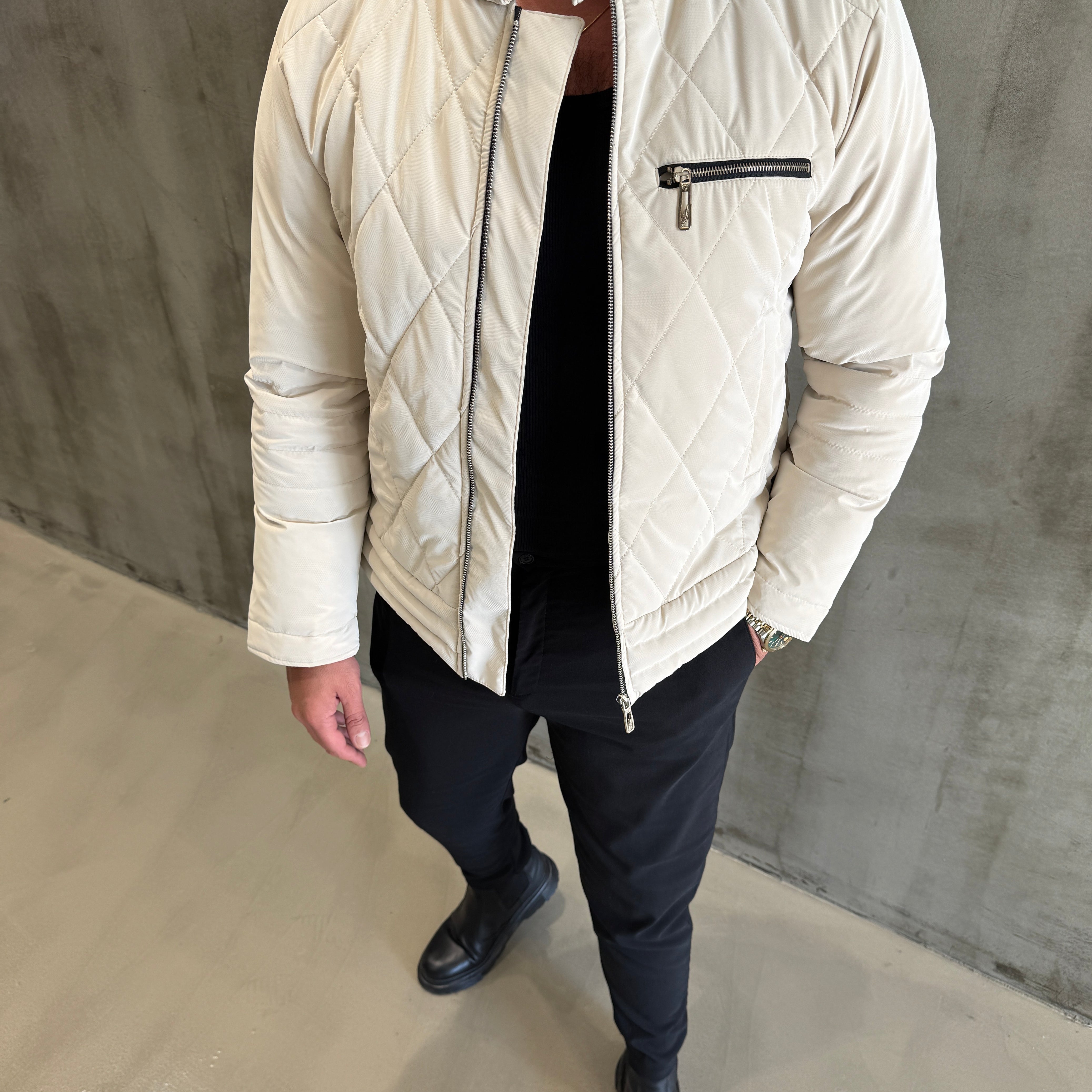 Krem Falcon Kumaş Kapitone Mont