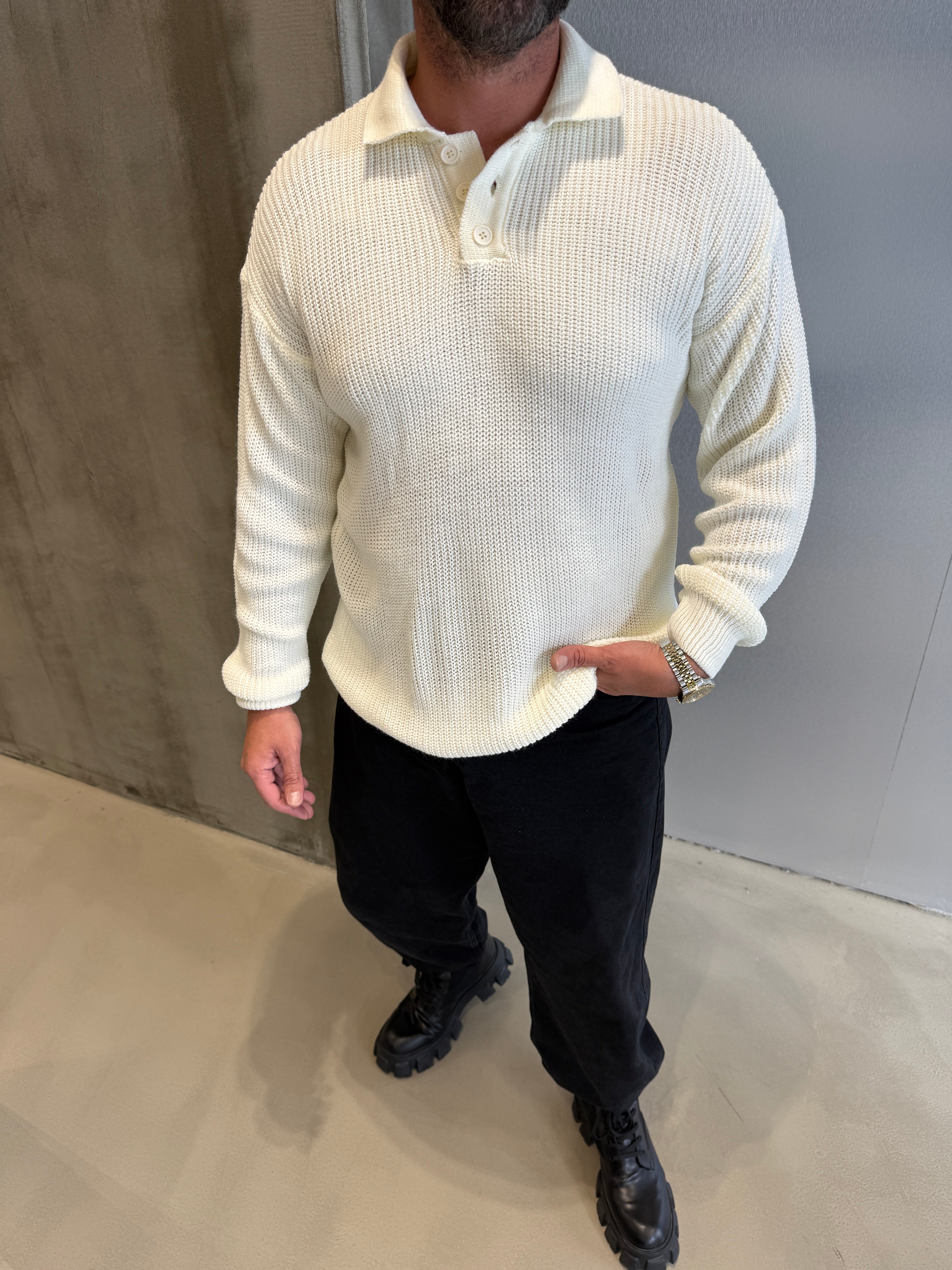 Krem Düğmeli Triko Kazak