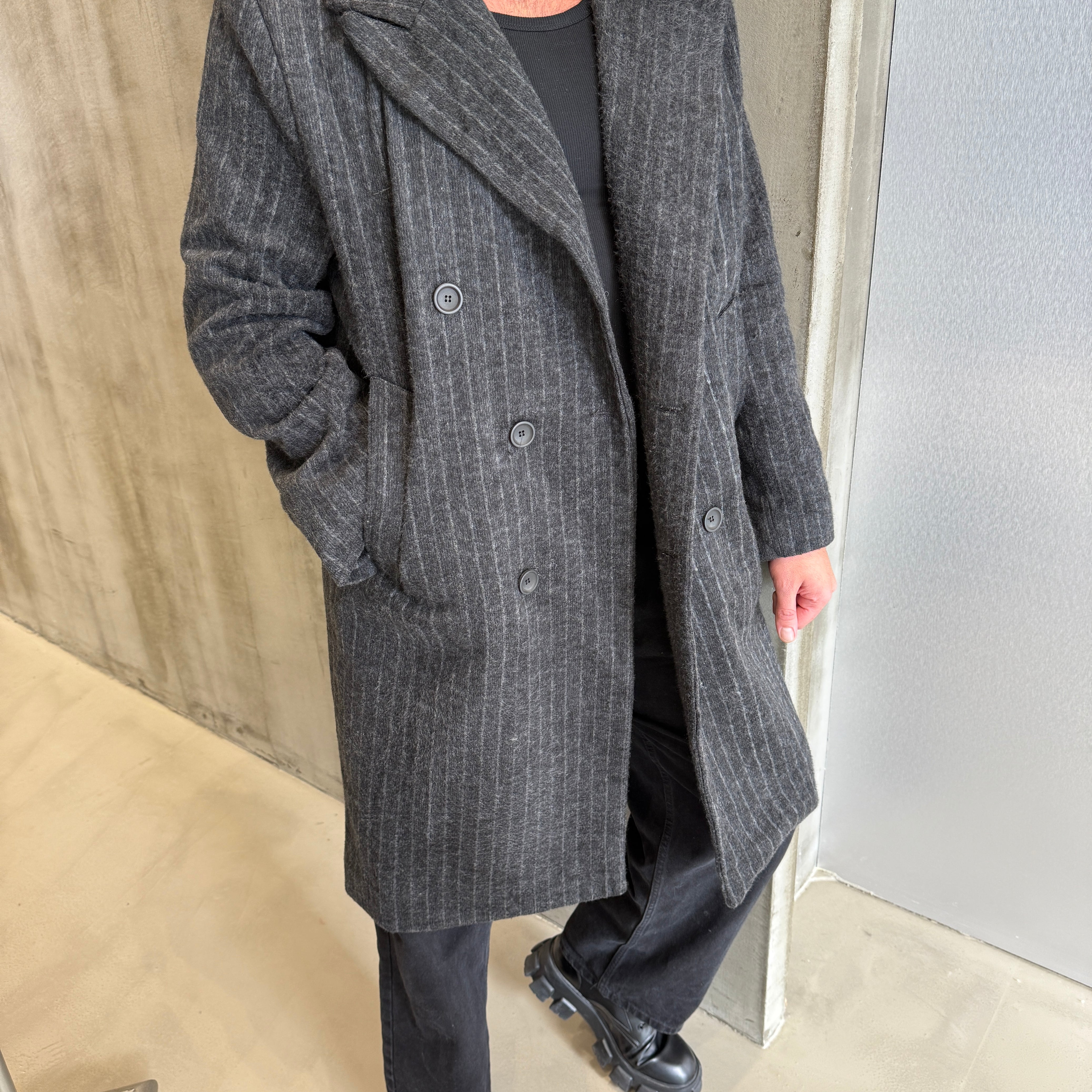 Krem Çizgili Premium GG Kaşe Kaban