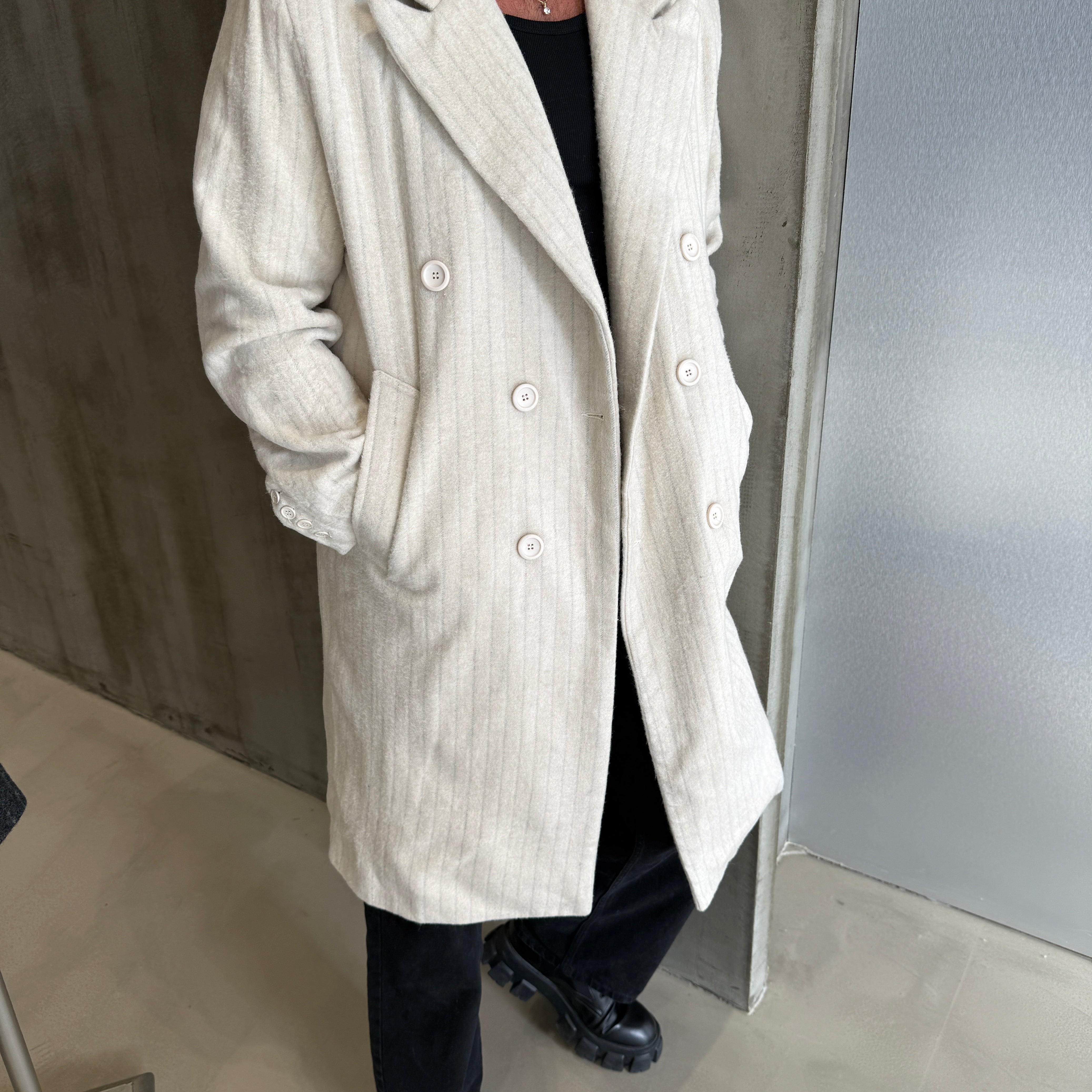 Krem Çizgili Premium GG Kaşe Kaban