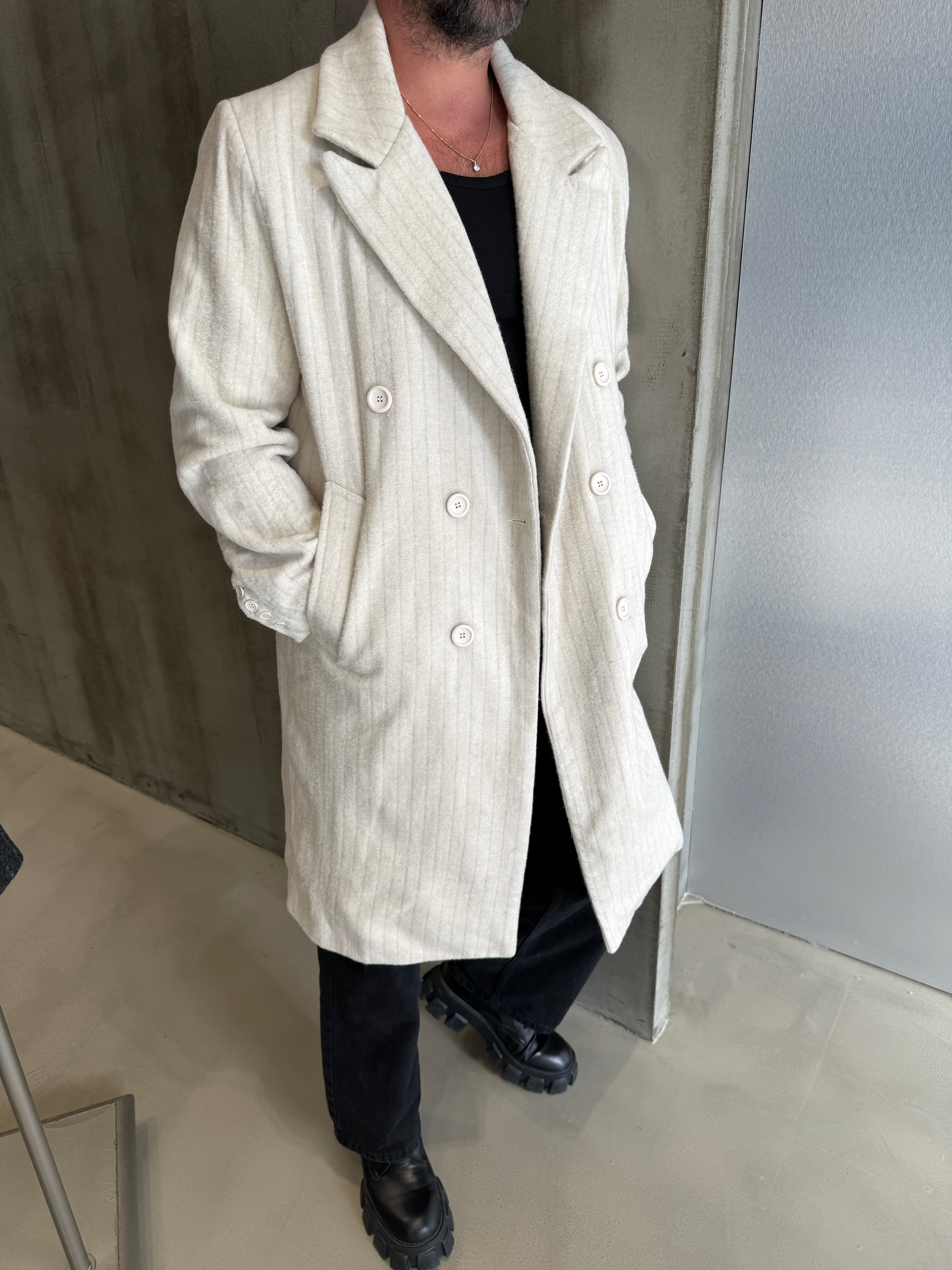 Krem Çizgili Premium GG Kaşe Kaban