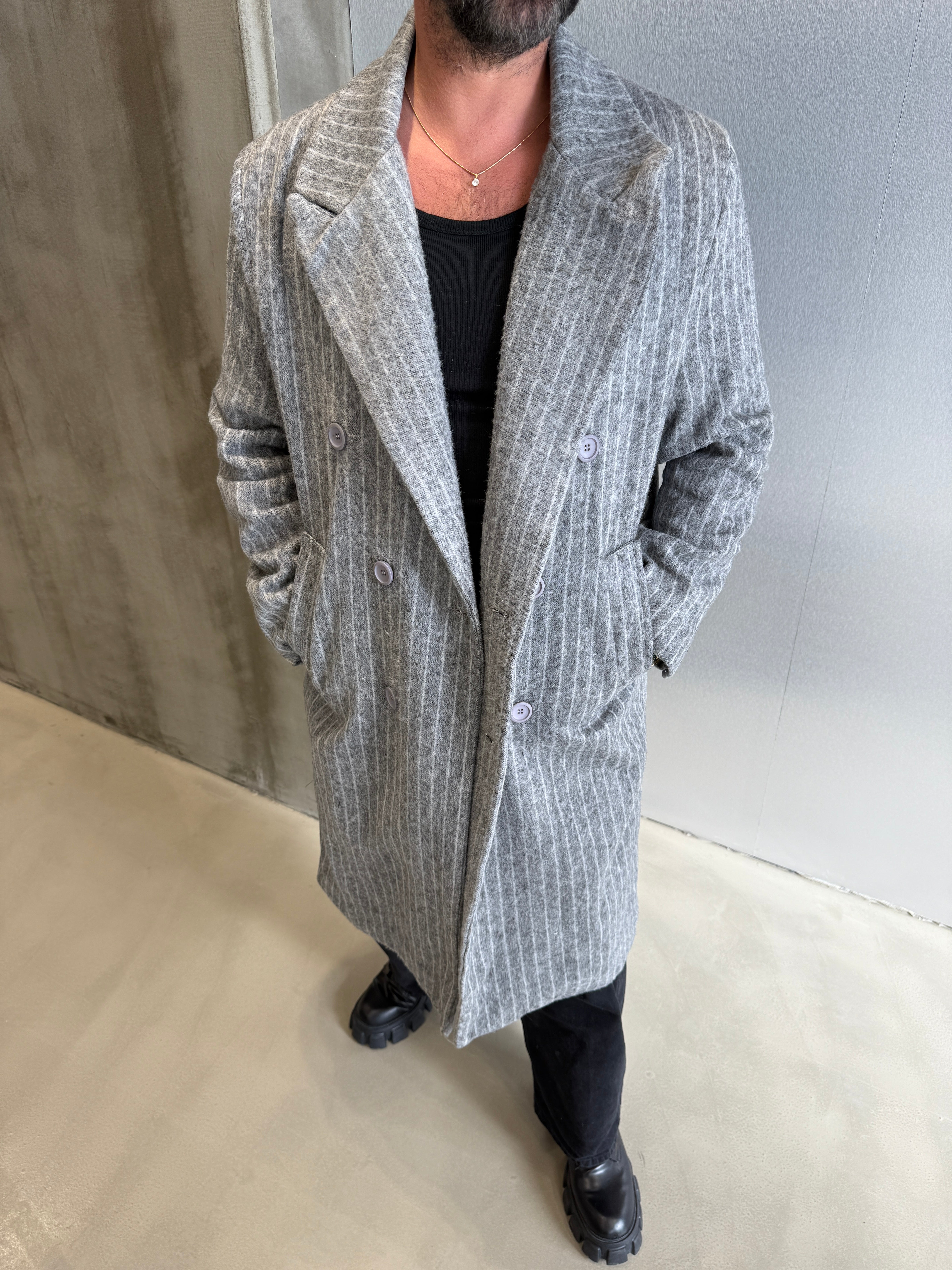 Gri Çizgili Premium GG Kaşe Kaban