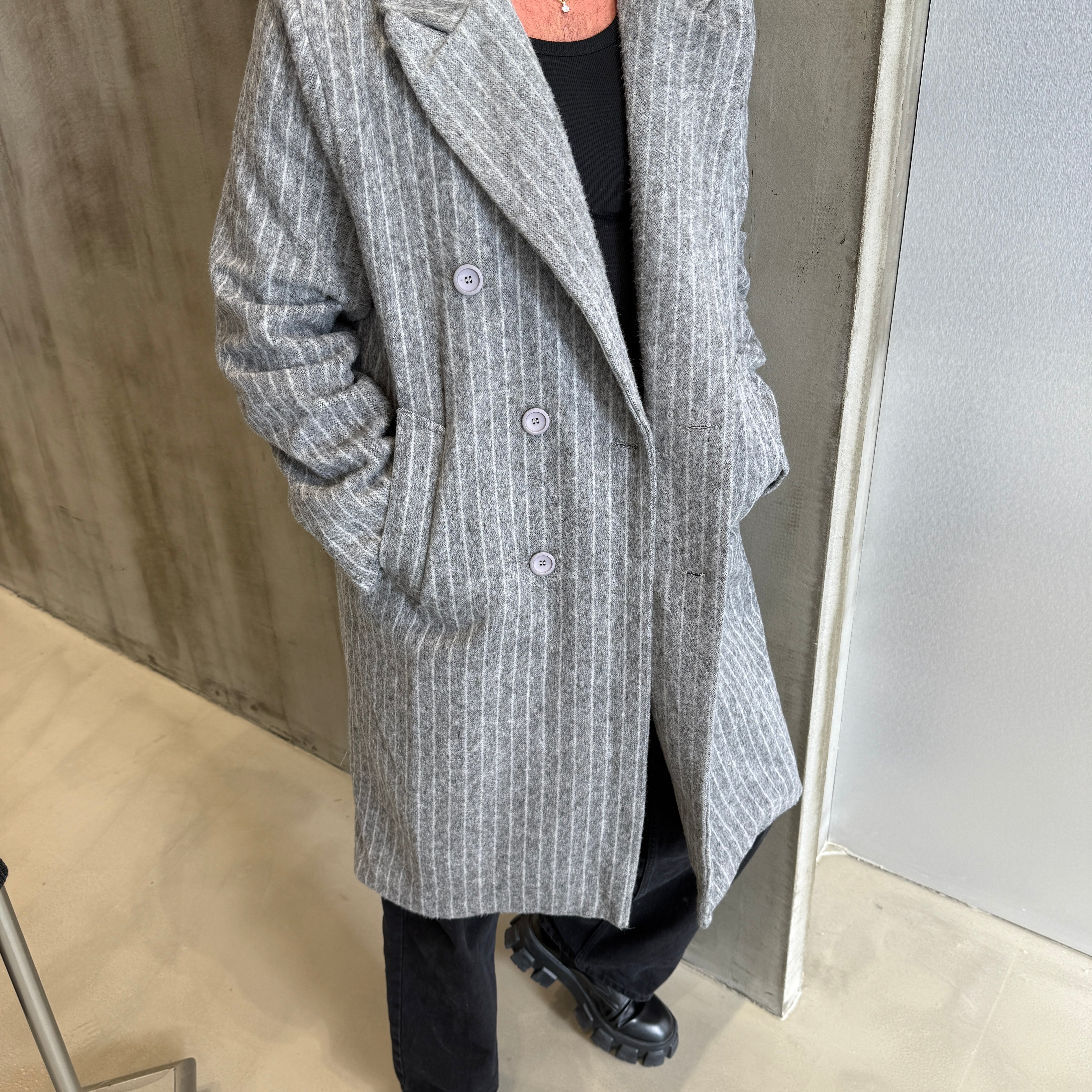 Krem Çizgili Premium GG Kaşe Kaban