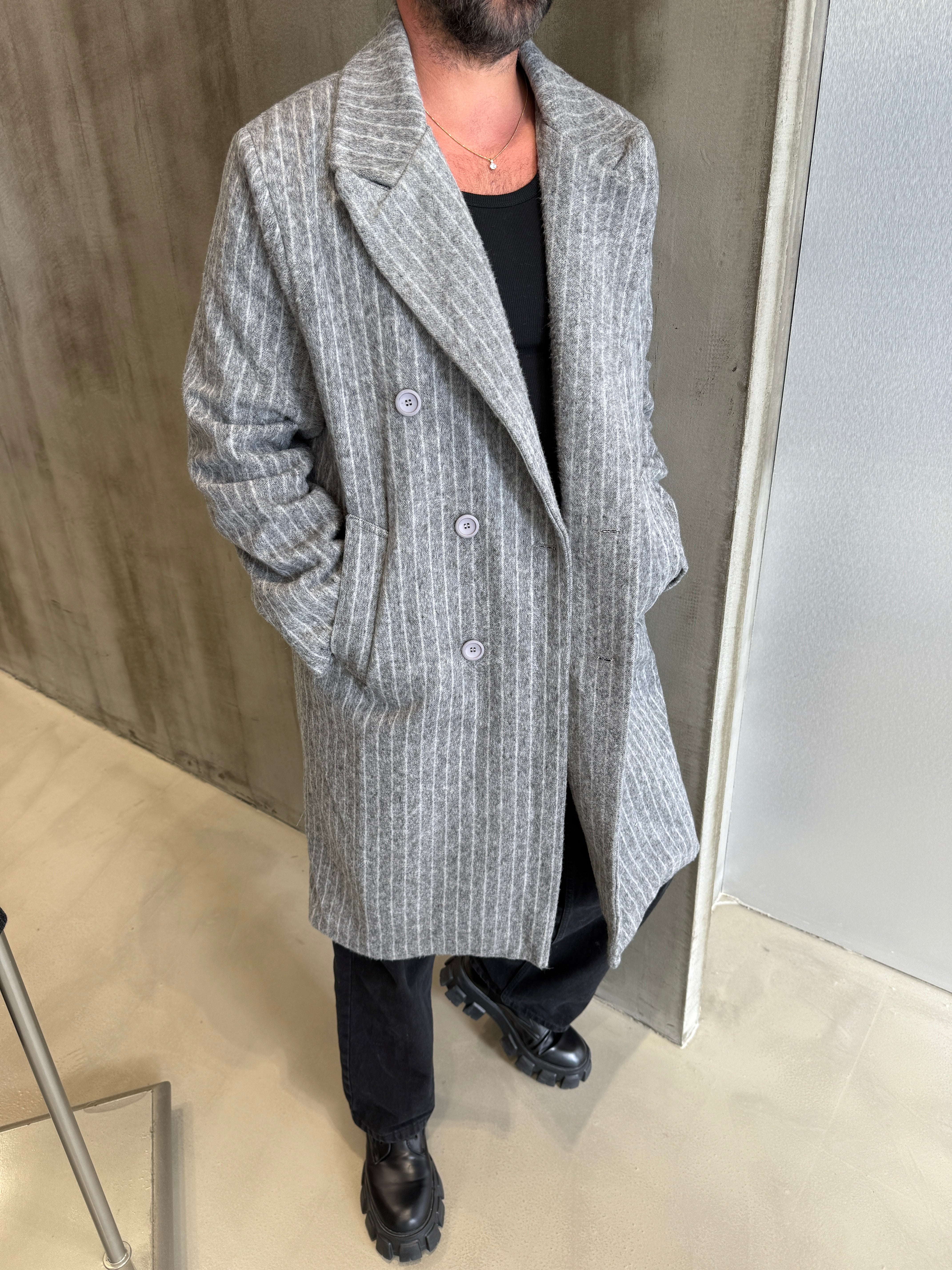 Gri Çizgili Premium GG Kaşe Kaban