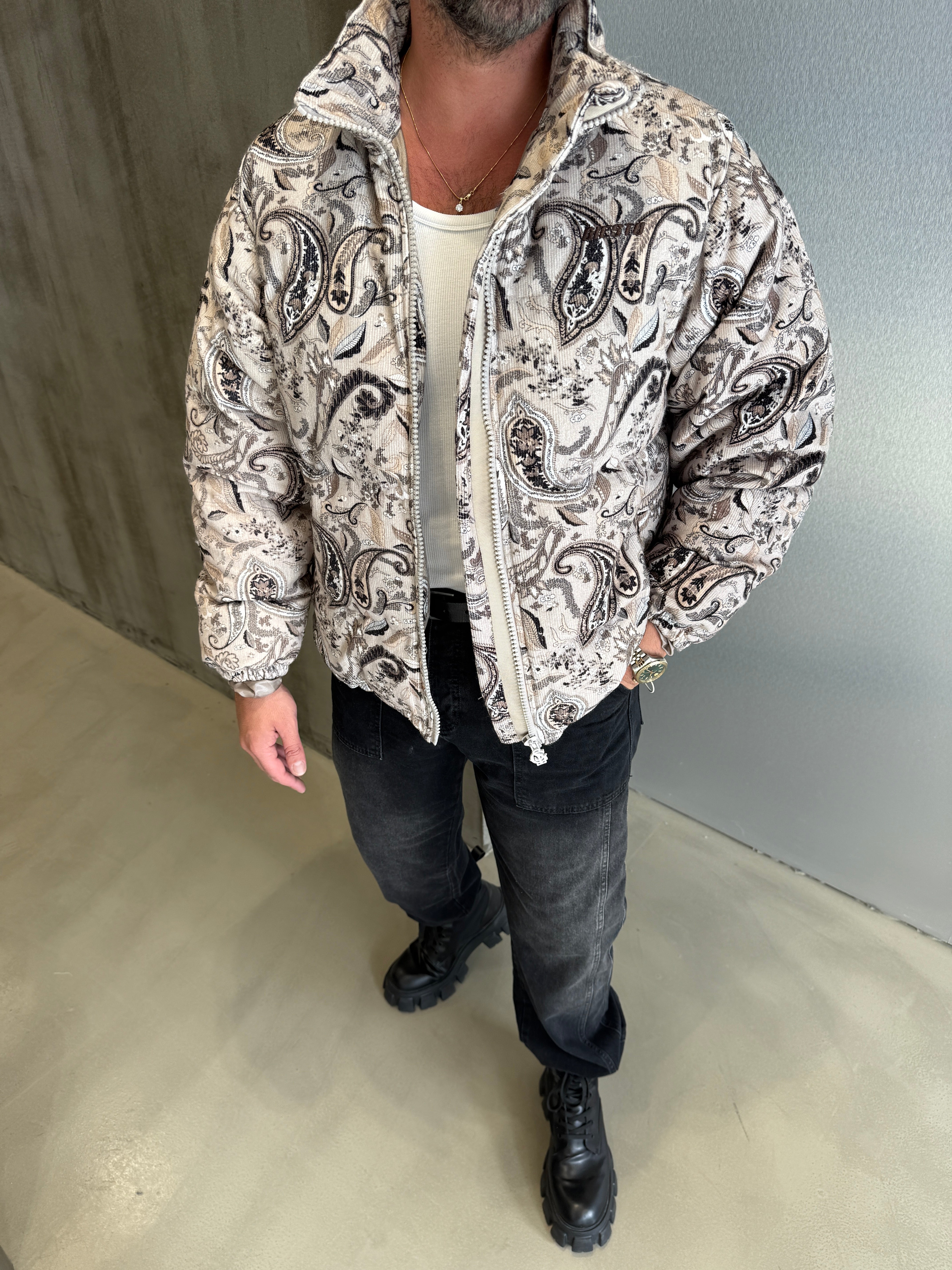 Gri Etnik Desen Kadife Premium Mont