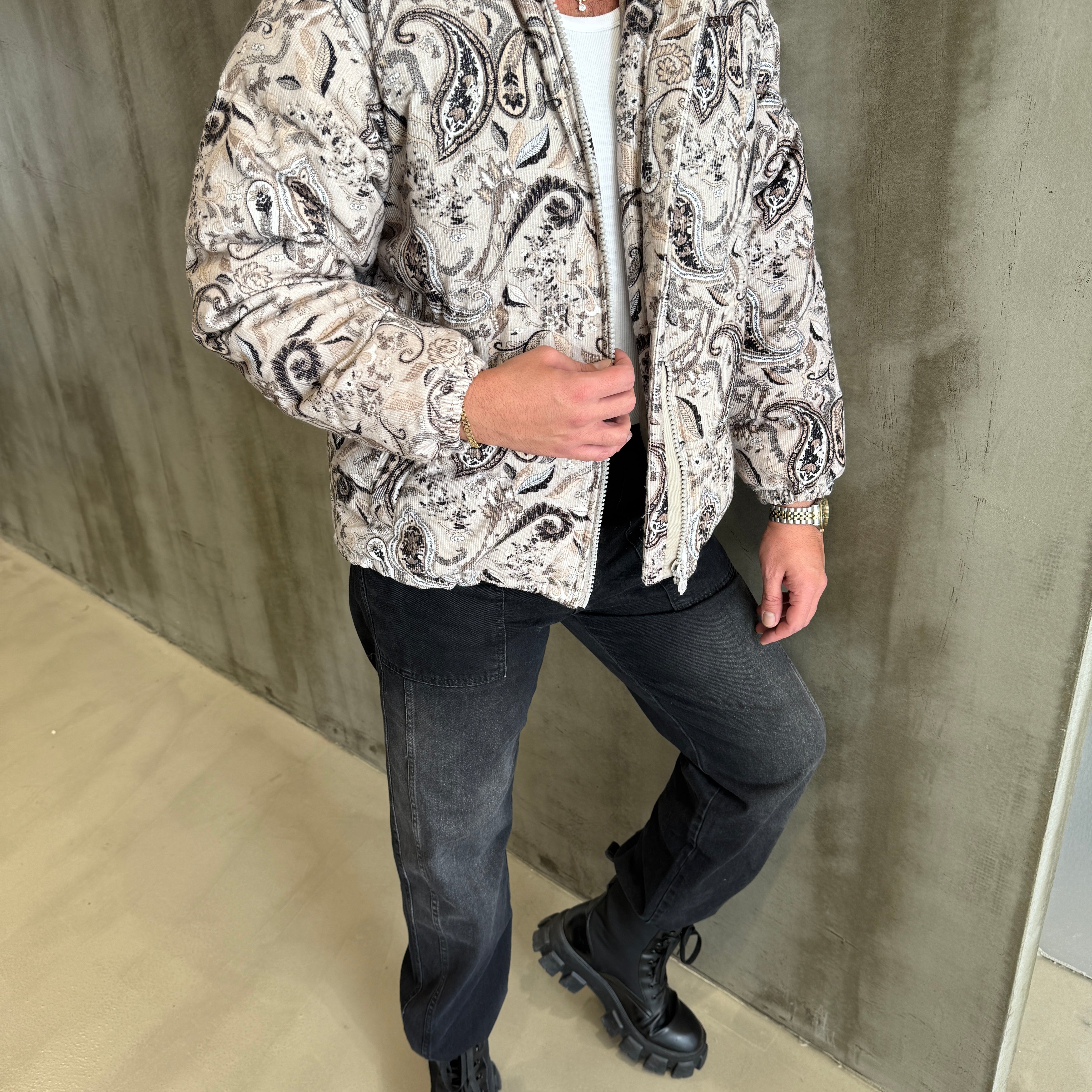 Gri Etnik Desen Kadife Premium Mont