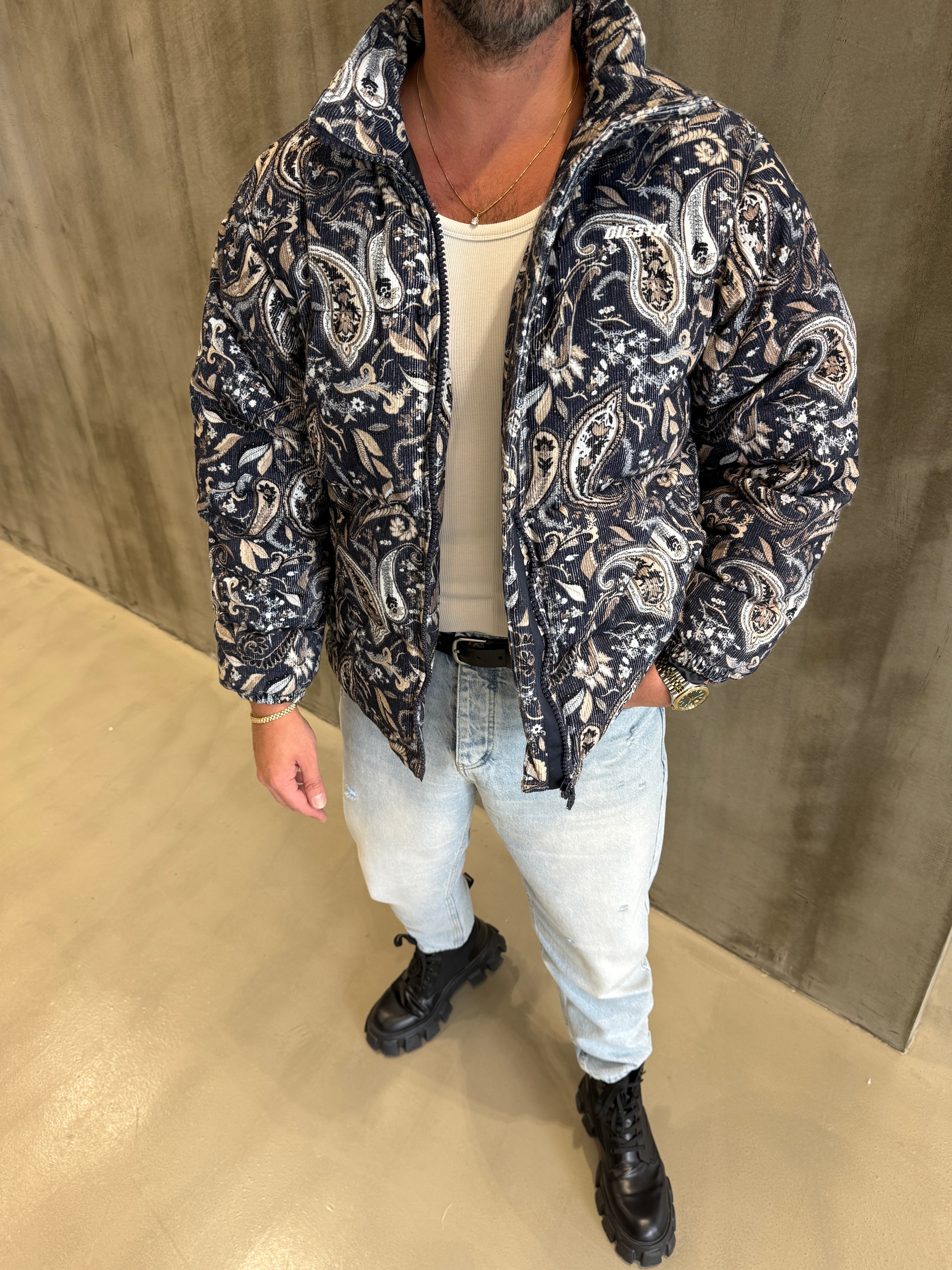 Mavi Etnik Desen Kadife Premium Mont